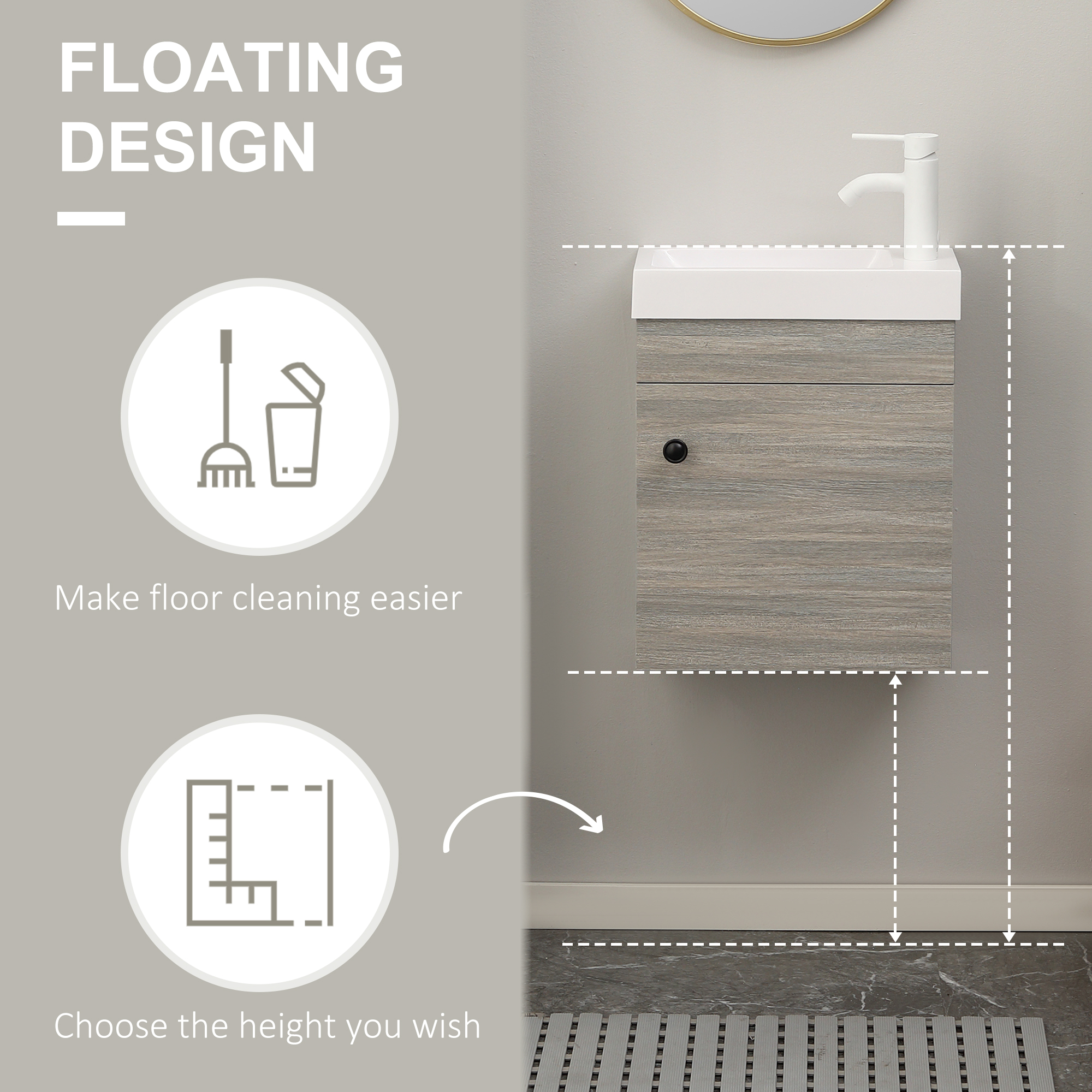 kleankin Bathroom Vanity Unit with Basin, Wall Mounted Bathroom Wash Stand with Sink, Tap Hole and Storage Cabinet, Grey
