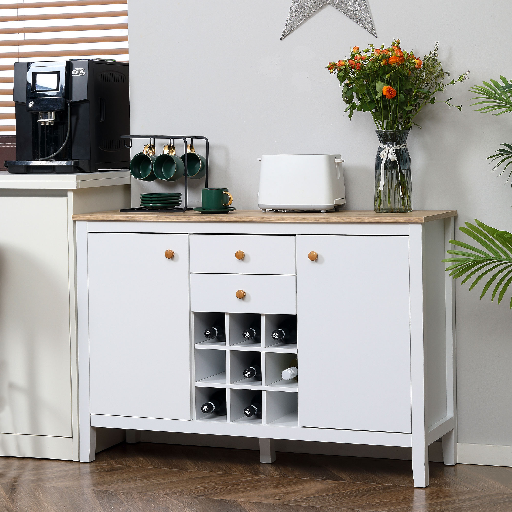 HOMCOM Buffet Cabinet, Rustic Sideboard with 9-bottle Wine Rack, Storage Cabinets, Drawers and Adjustable Shelves, Natural Handle