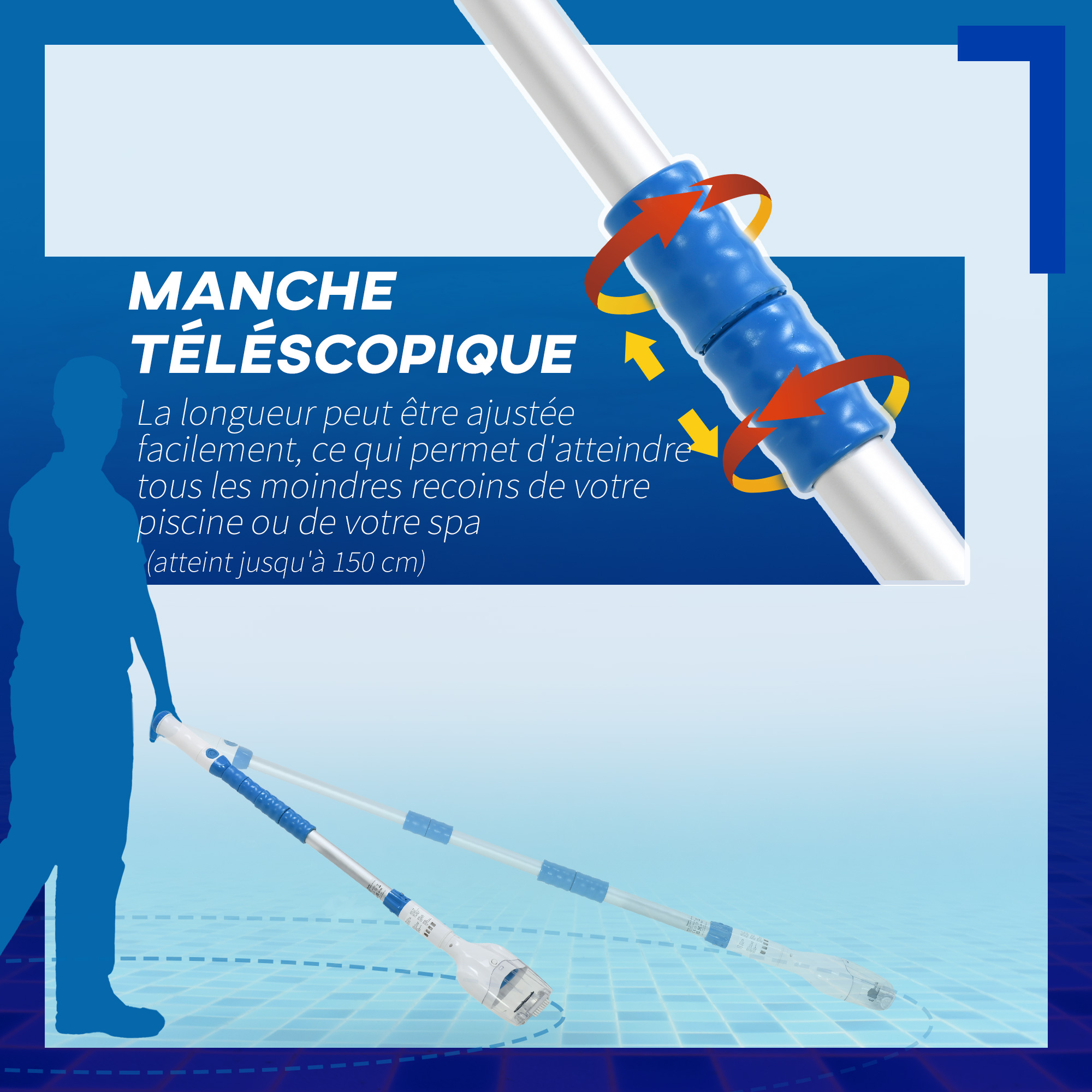 Outsunny Balai Aspirateur Piscine Spa Sans Fil Avec Brosse Et Manche Télescopique 3 Sections