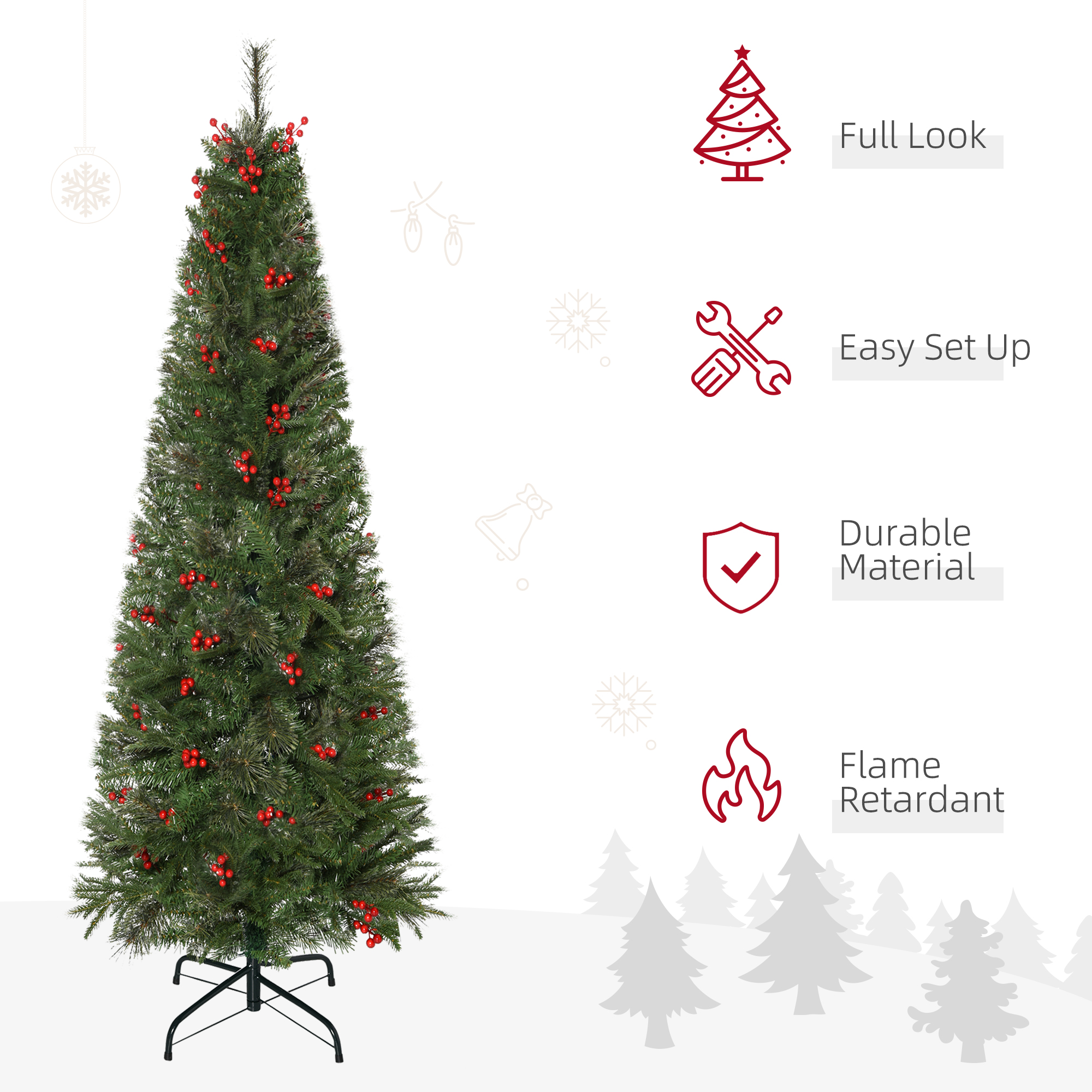 HOMCOM Pencil Artificial Christmas Tree with Realistic Branches, Red Berries, Auto Open, Green