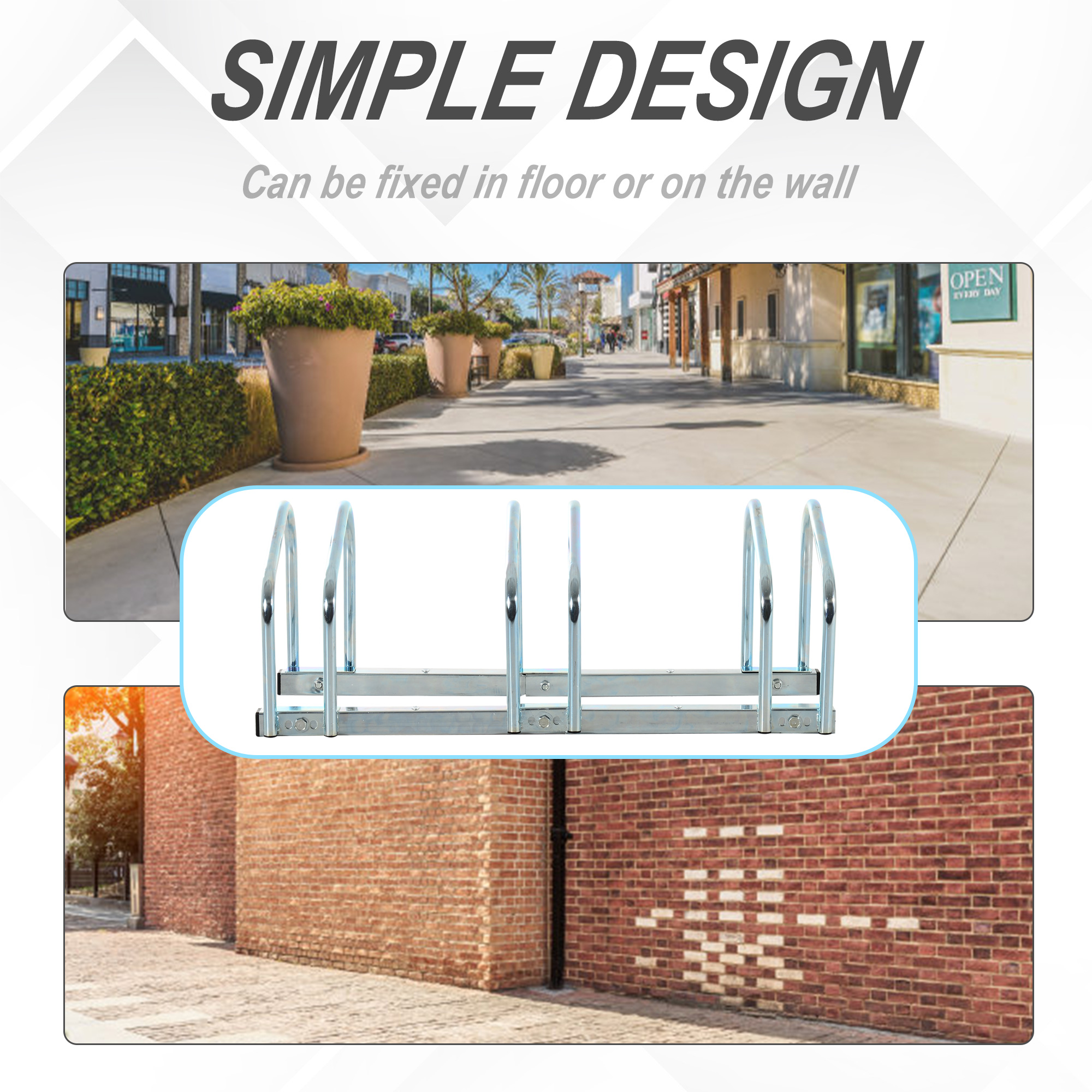 HOMCOM Bicycle Parking Stand for 3 Bikes, Floor or Wall Mount, Cycle Storage Locking Rack, Silver