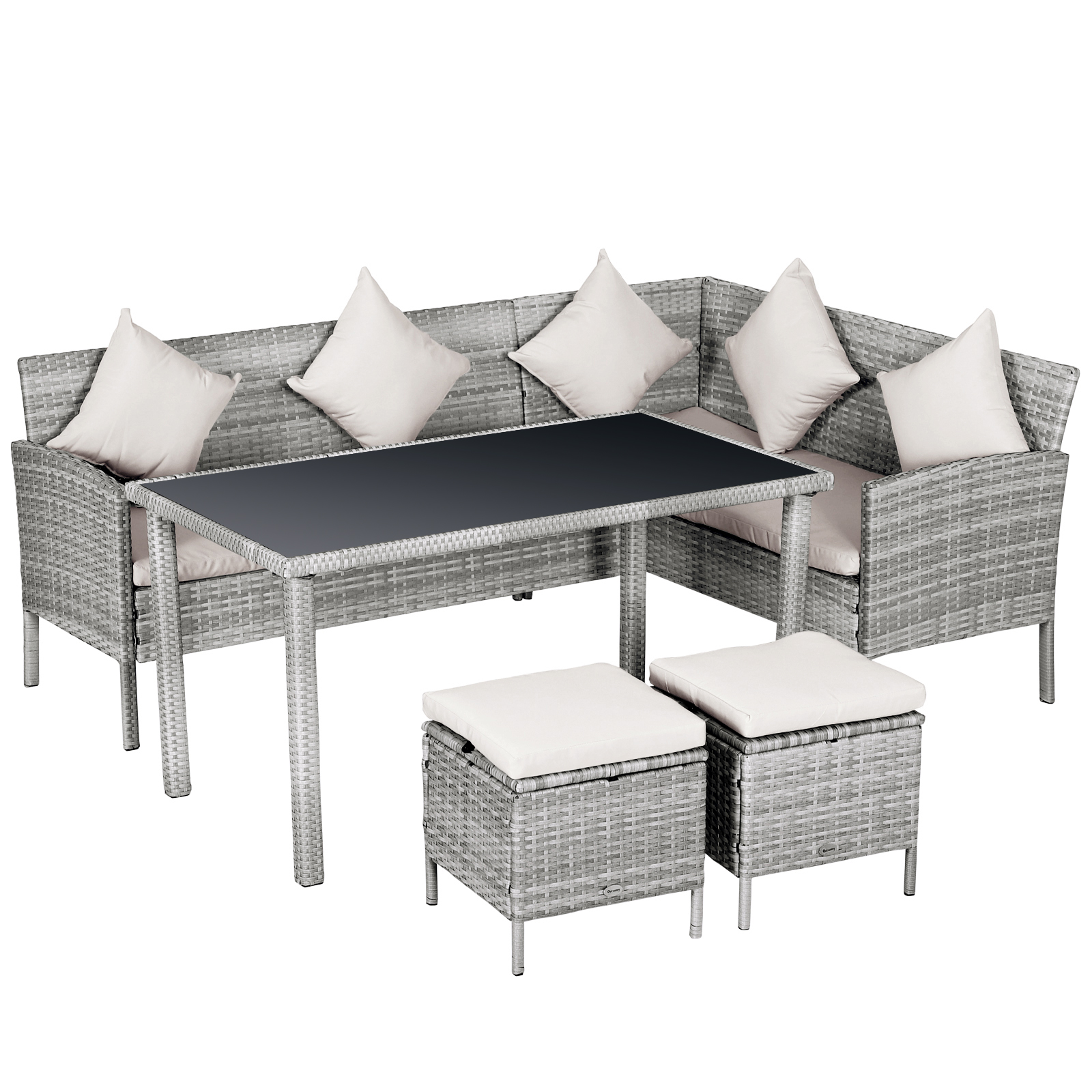 Outsunny Ensemble Salon de Jardin 5 Pièces 2 Canapés 1 Table et 2 Poufs avec Coussins Déhoussables Gris aosom france