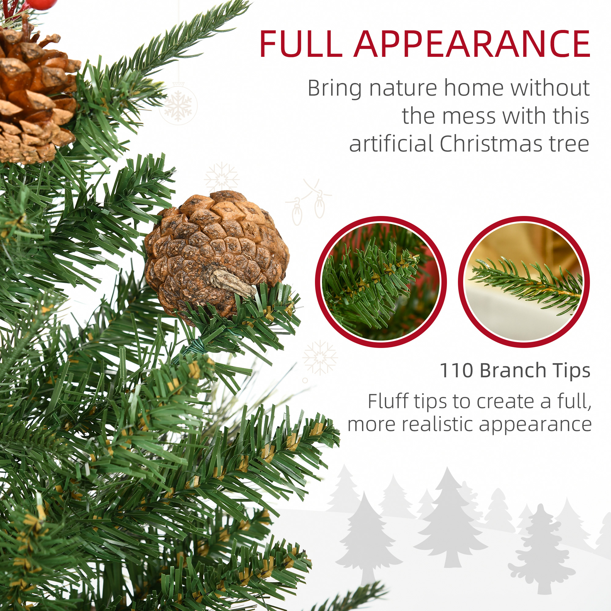 HOMCOM 2 Pieces Set 3 Foot Artificial Christmas Tree with 110 Realistic Branches, Pine Cones, Red Berries, Gold Pot, for Doorway, Porch, Green