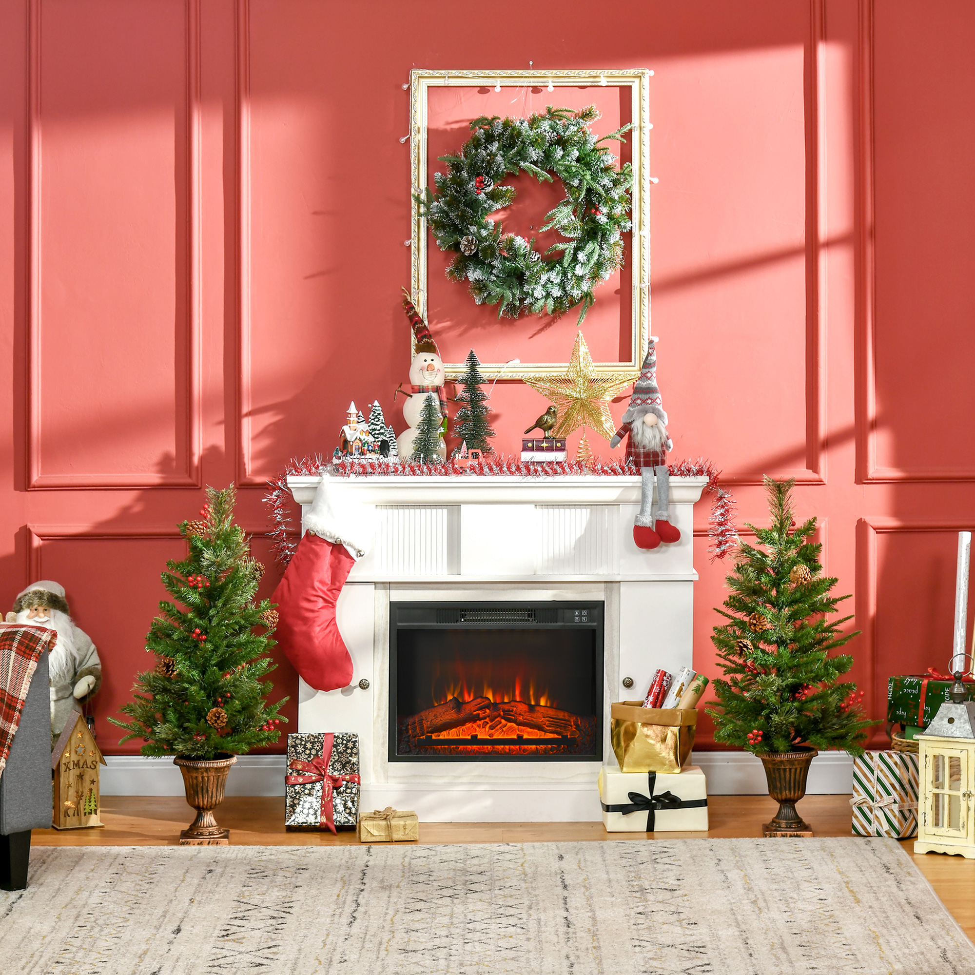 HOMCOM 2 Pieces Set 3 Foot Artificial Christmas Tree with 110 Realistic Branches, Pine Cones, Red Berries, Gold Pot, for Doorway, Porch, Green