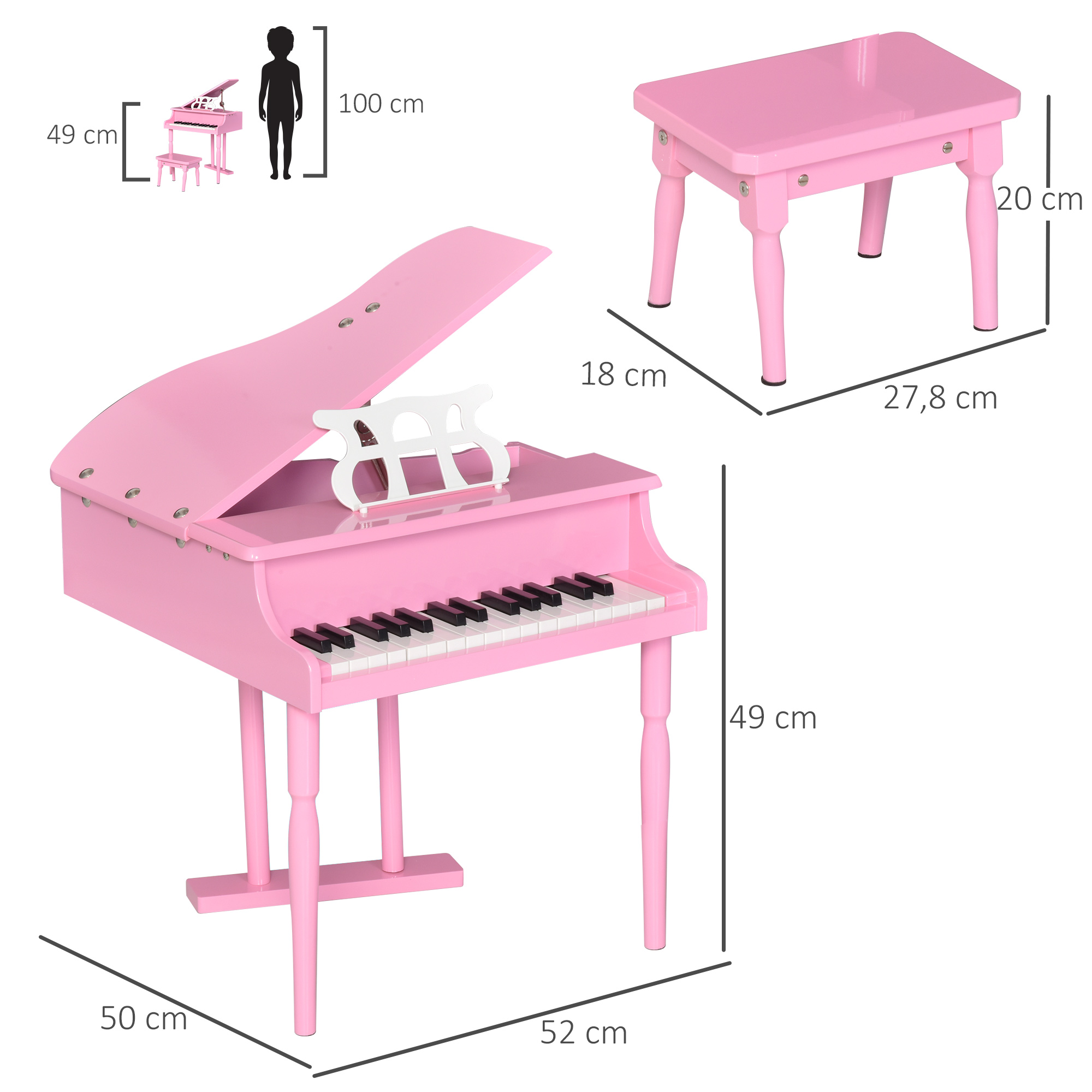 HOMCOM Piano de Cola Infantil con 30 Teclas Taburete y Atril de Partituras  Piano para Niños de MDF Instrumento Musical Didáctico 52x50x49 cm Rosa