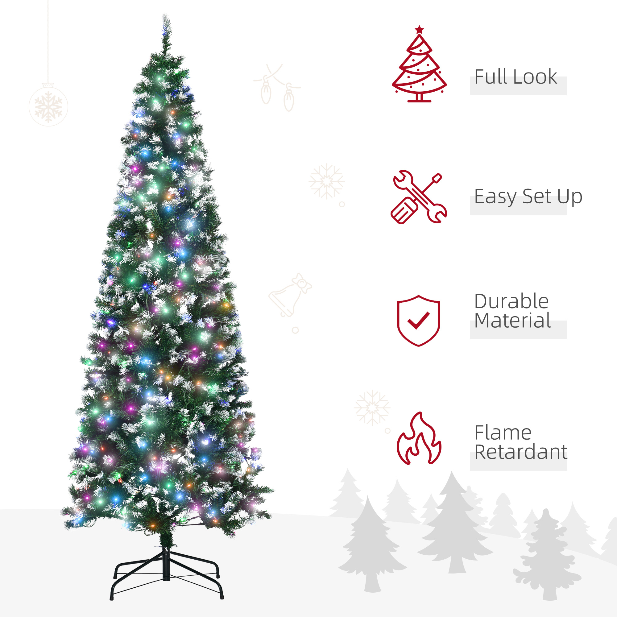 HOMCOM 7' Tall Prelit Pencil Slim Artificial Christmas Tree with Realistic Branches, 350 Colourful LED Lights and 818 Tips, Xmas Decoration, Green