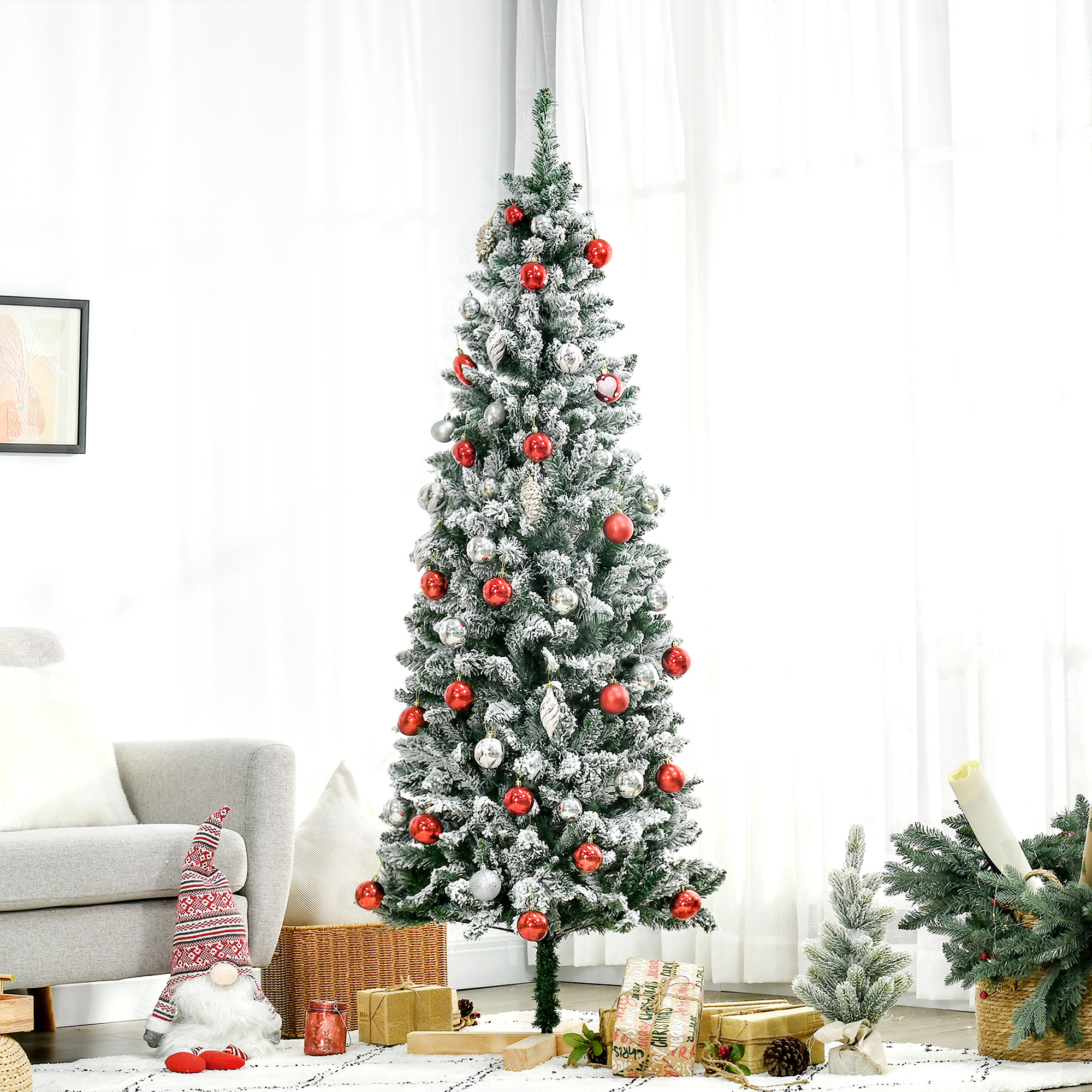 HOMCOM 6 Foot Snow Flocked Artificial Christmas Tree, Xmas Pencil Tree with 630 Realistic Branches, Auto Open, Pinewood Base, Green