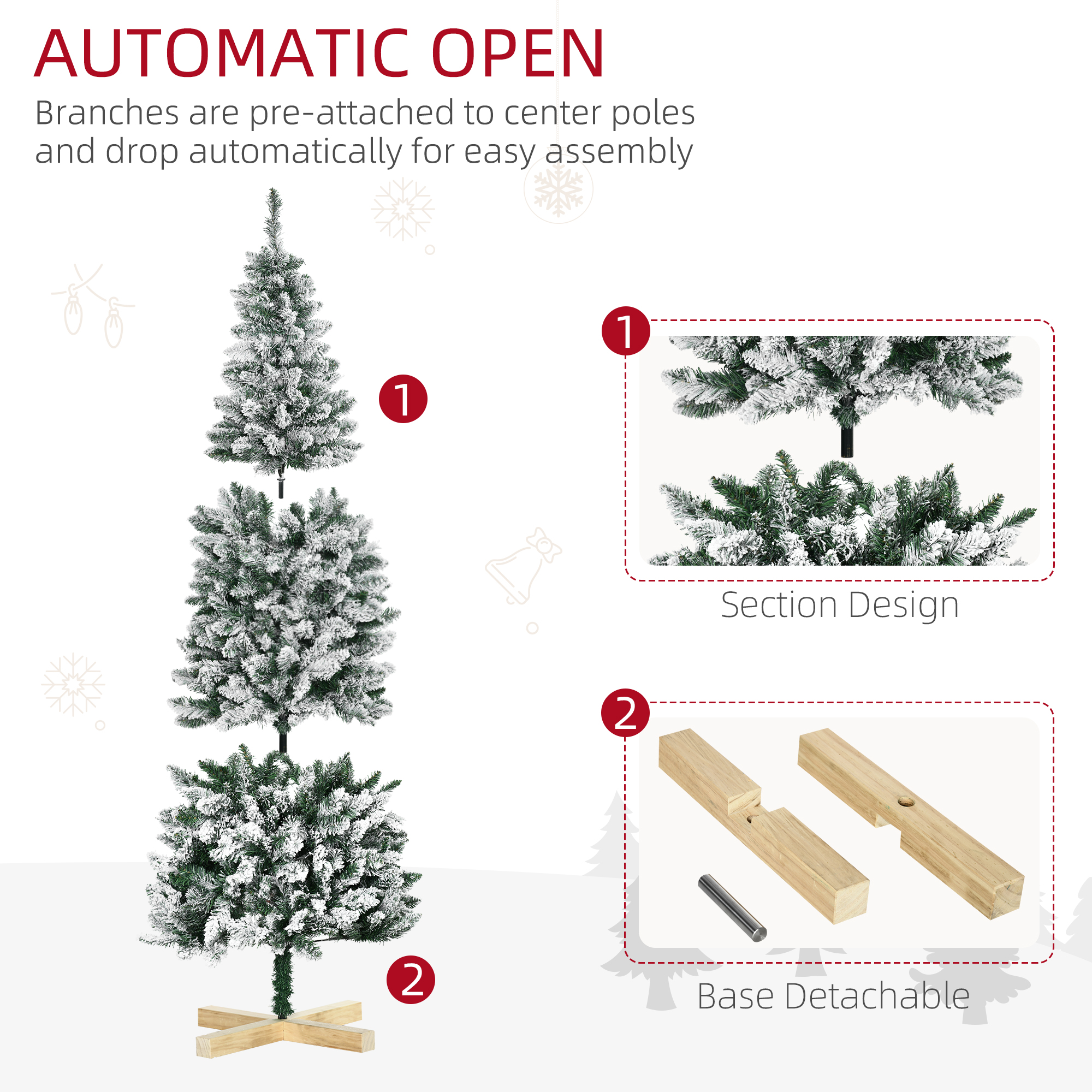 HOMCOM 6 Foot Snow Flocked Artificial Christmas Tree, Xmas Pencil Tree with 630 Realistic Branches, Auto Open, Pinewood Base, Green