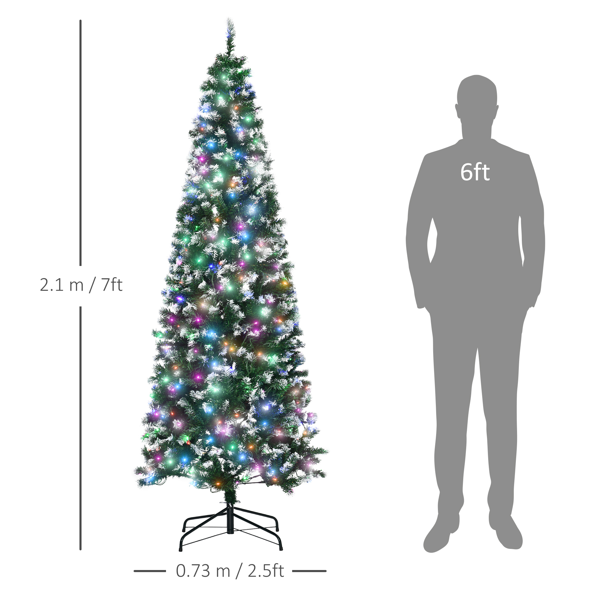 HOMCOM 7' Tall Prelit Pencil Slim Artificial Christmas Tree with Realistic Branches, 350 Colourful LED Lights and 818 Tips, Xmas Decoration, Green