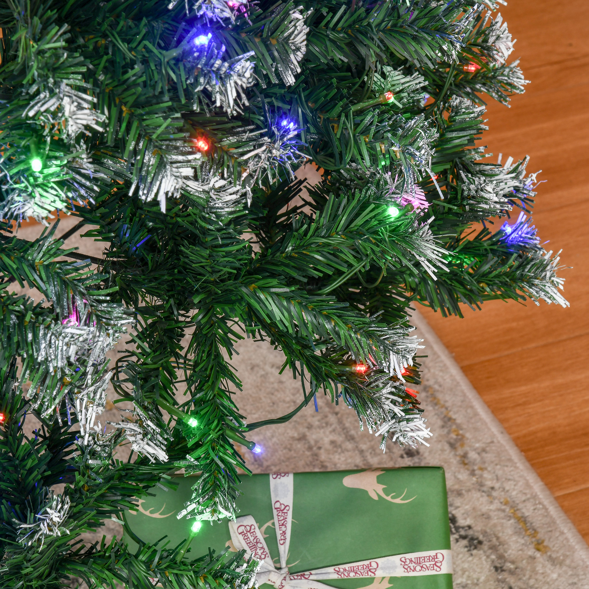 HOMCOM 7' Tall Prelit Pencil Slim Artificial Christmas Tree with Realistic Branches, 350 Colourful LED Lights and 818 Tips, Xmas Decoration, Green