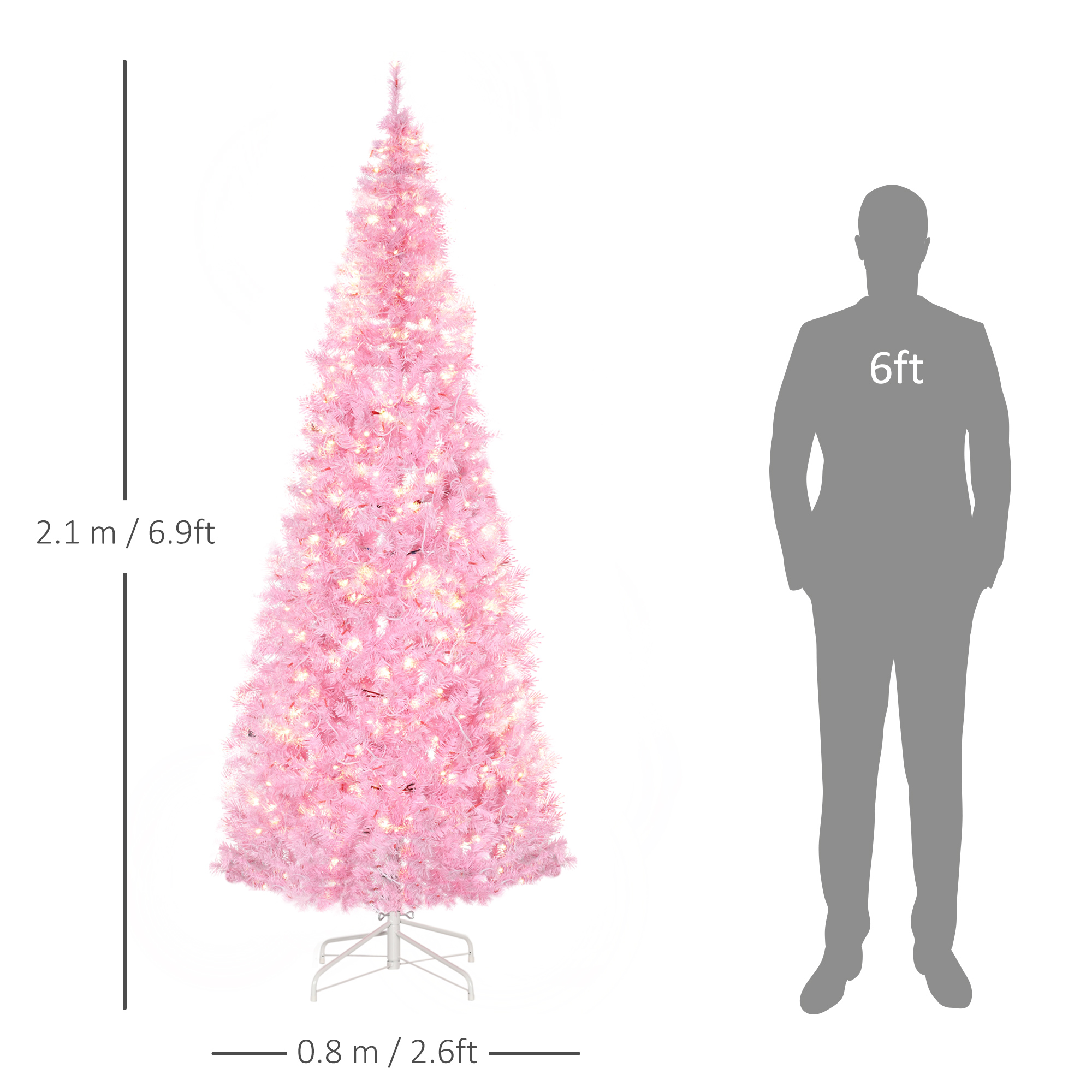HOMCOM 7' Tall Prelit Pencil Slim Artificial Christmas Tree with Realistic Branches, 350 Warm White LED Lights and 818 Tips, Xmas Decoration, Pink