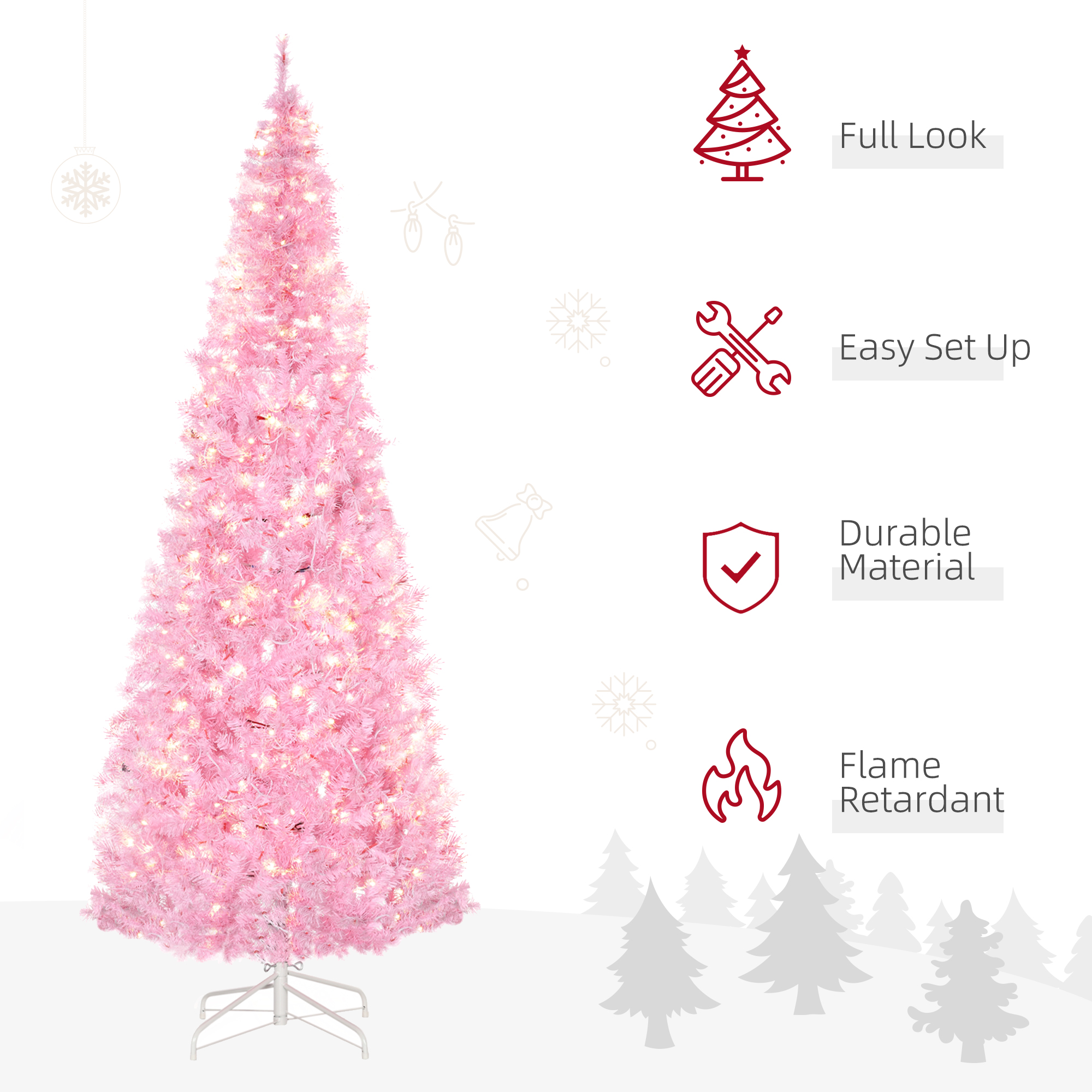 HOMCOM 7' Tall Prelit Pencil Slim Artificial Christmas Tree with Realistic Branches, 350 Warm White LED Lights and 818 Tips, Xmas Decoration, Pink