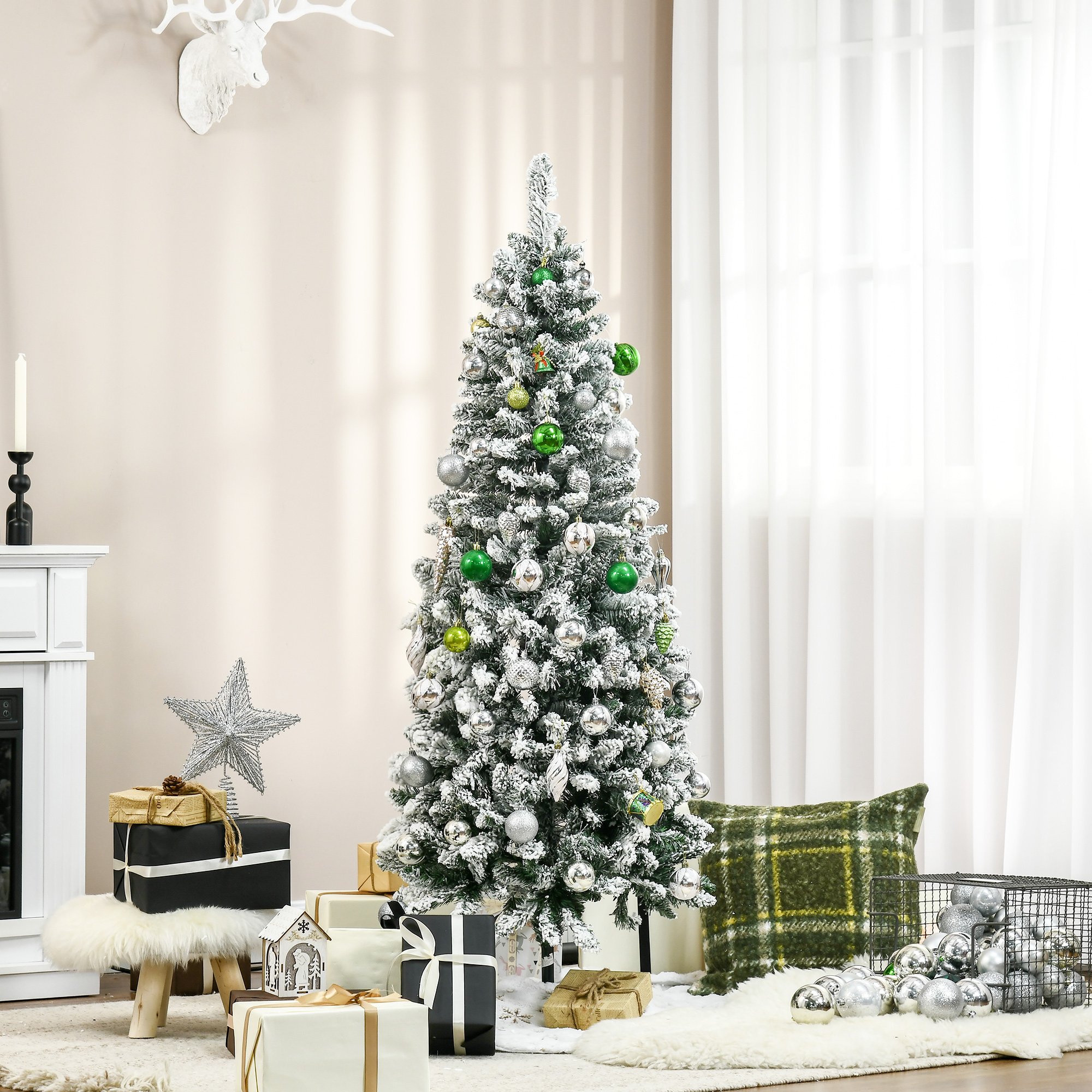 HOMCOM 5 Foot Snow Flocked Artificial Christmas Tree, Xmas Pencil Tree with 426 Realistic Branches, Auto Open, Pinewood Base, Green