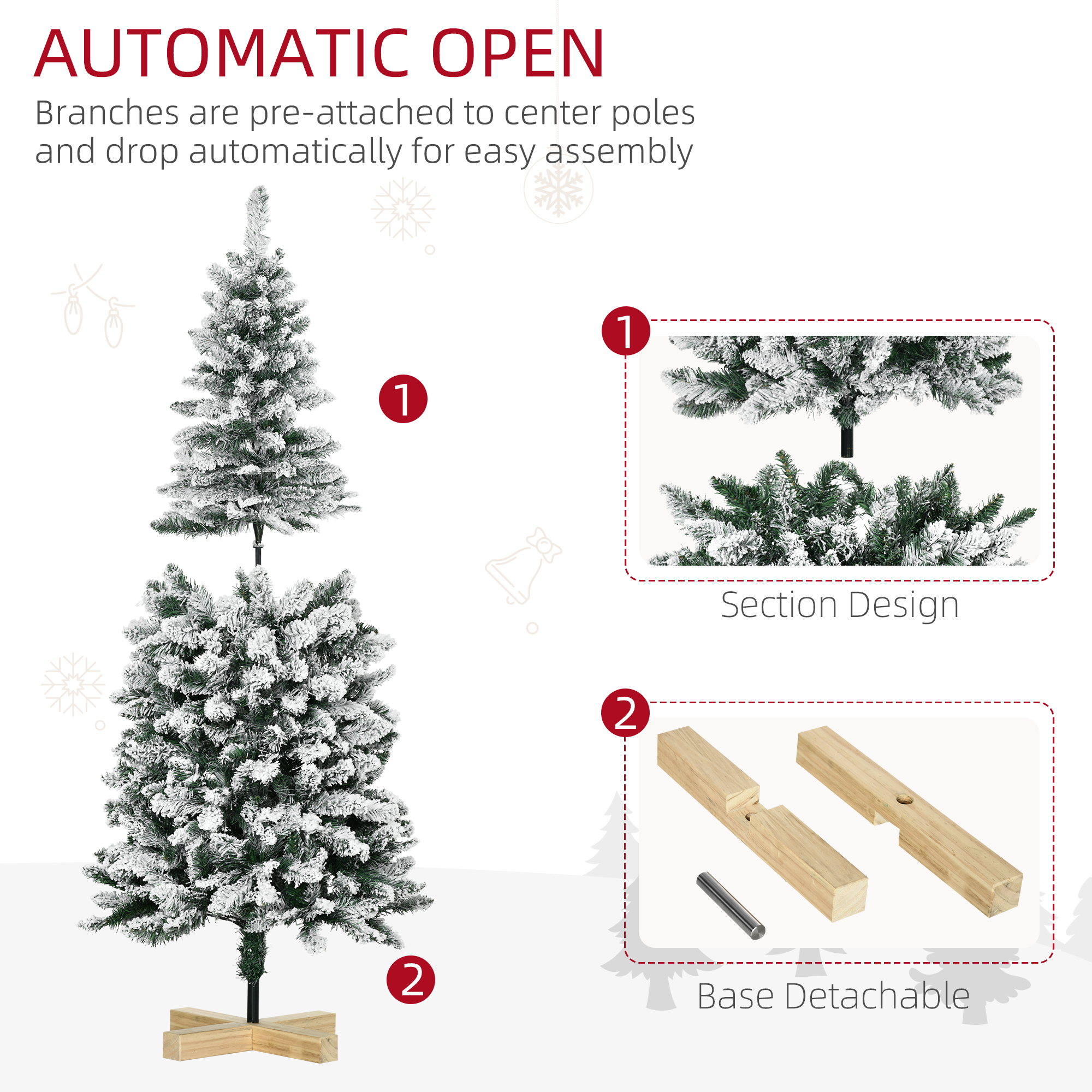 HOMCOM 5 Foot Snow Flocked Artificial Christmas Tree, Xmas Pencil Tree with 426 Realistic Branches, Auto Open, Pinewood Base, Green