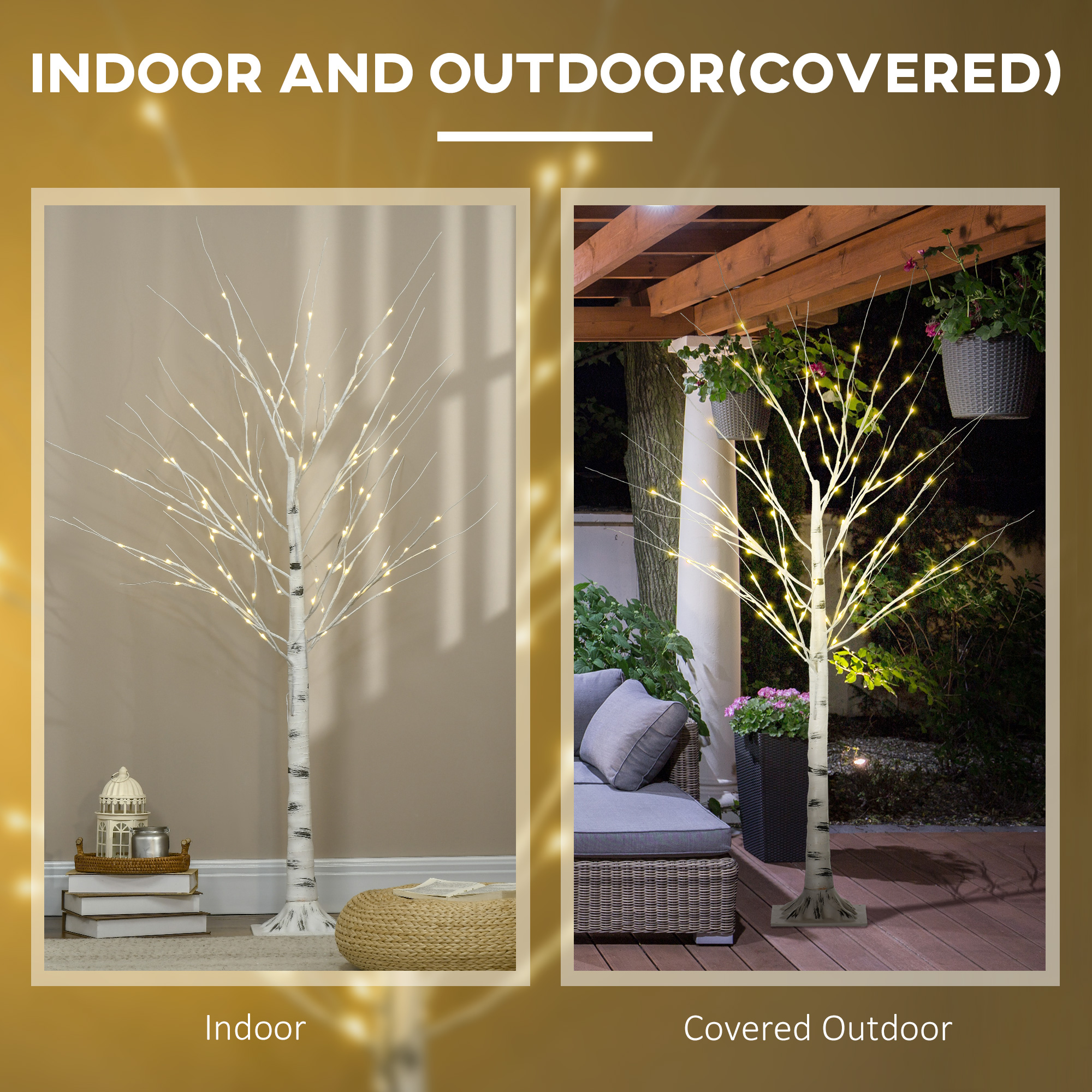 HOMCOM 5ft Artificial White Birch Tree Light with 96 Warm White Pre-Lit LED Light for Indoor and Covered Outdoor Use