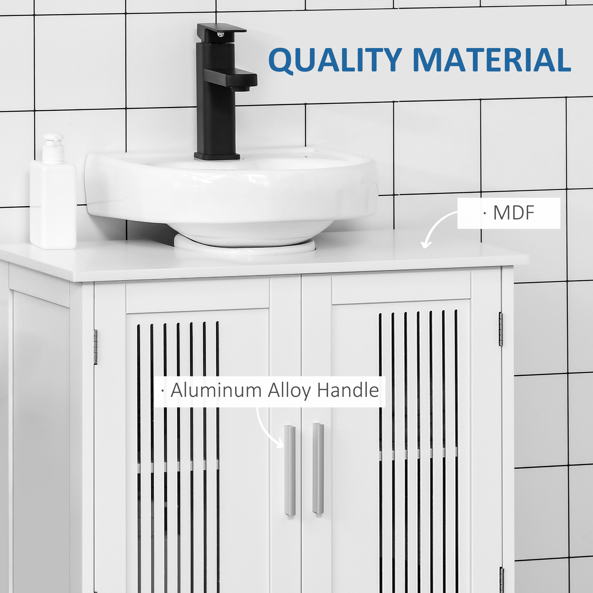 Kleankin Under Sink Cabinet with Double Doors, Modern Bathroom Vanity Unit, Pedestal Design, Adjustable Shelf Storage, White