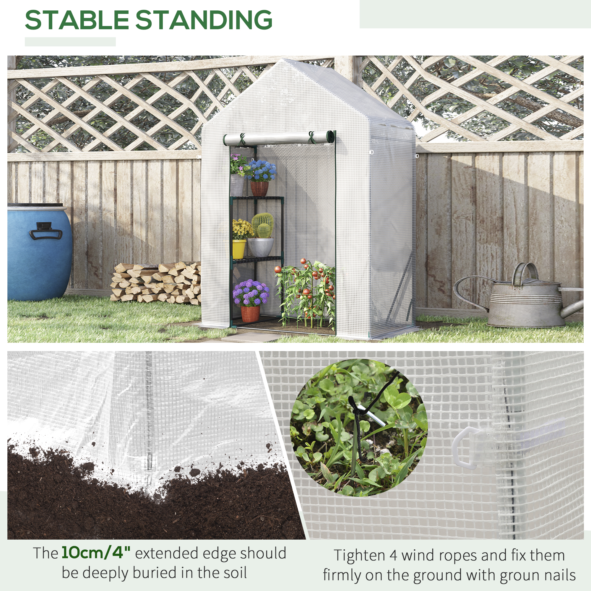 Outsunny Greenhouse for Outdoor, Portable Gardening Plant Grow House with 2 Tier Shelf, Roll-Up Zippered Door, PE Cover, 143 x 73 x 195cm, Green