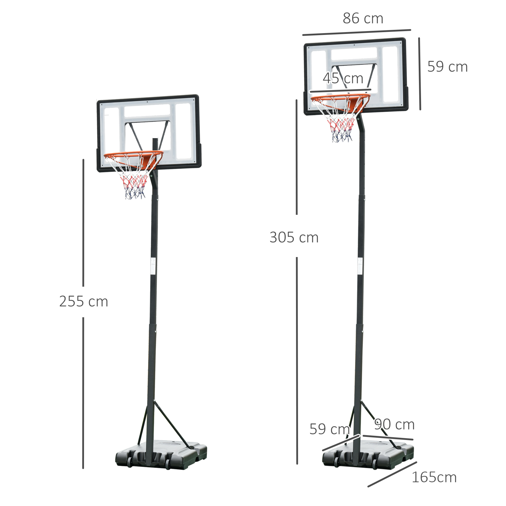 HOMCOM Adjustable Basketball Hoop Stand, Freestanding with Backboard & Wheels, 255-305cm, Black