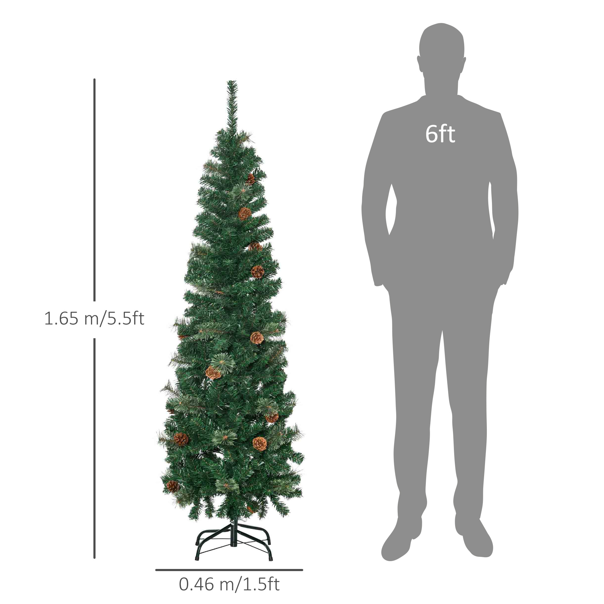 HOMCOM 5.5' TallÂ Pencil Slim Artificial Christmas Tree withÂ RealisticÂ Branches, 412 Tip Count and 21 Pine Cones, Pine Needles Tree, XmasÂ Decoration