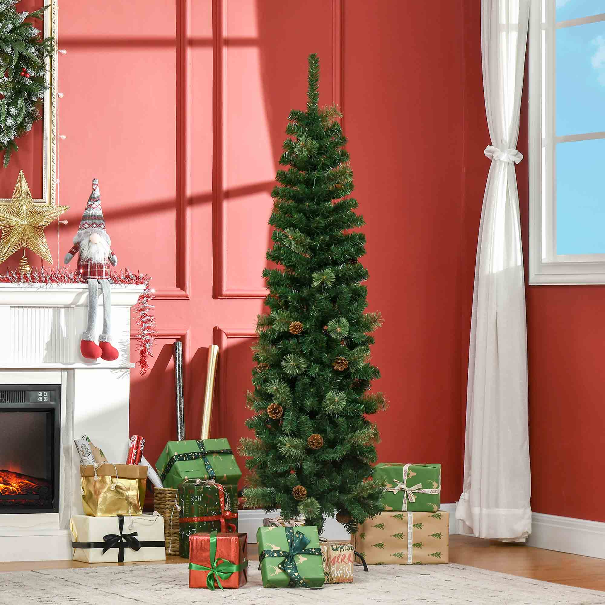 HOMCOM 5.5' TallÂ Pencil Slim Artificial Christmas Tree withÂ RealisticÂ Branches, 412 Tip Count and 21 Pine Cones, Pine Needles Tree, XmasÂ Decoration