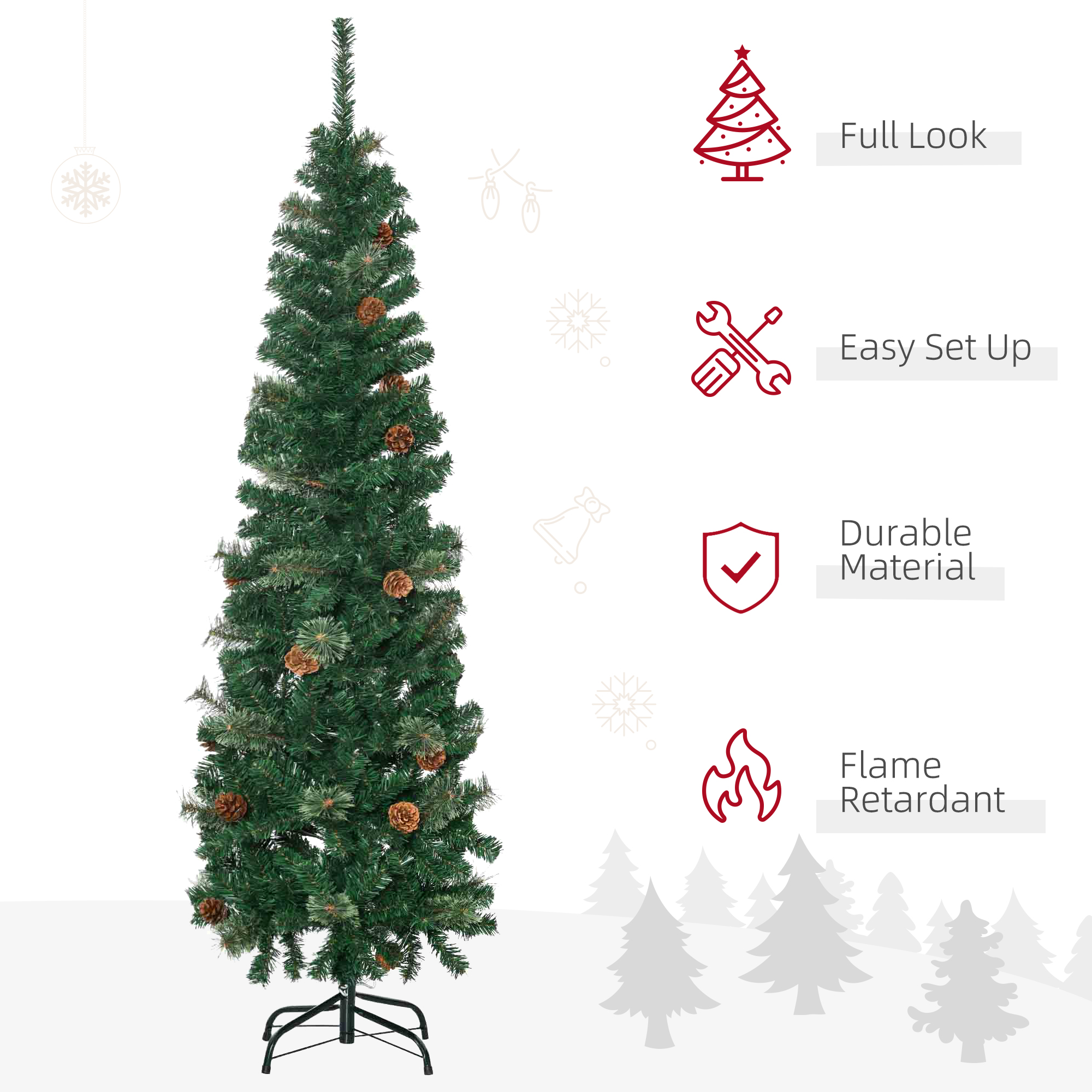 HOMCOM 5.5' TallÂ Pencil Slim Artificial Christmas Tree withÂ RealisticÂ Branches, 412 Tip Count and 21 Pine Cones, Pine Needles Tree, XmasÂ Decoration