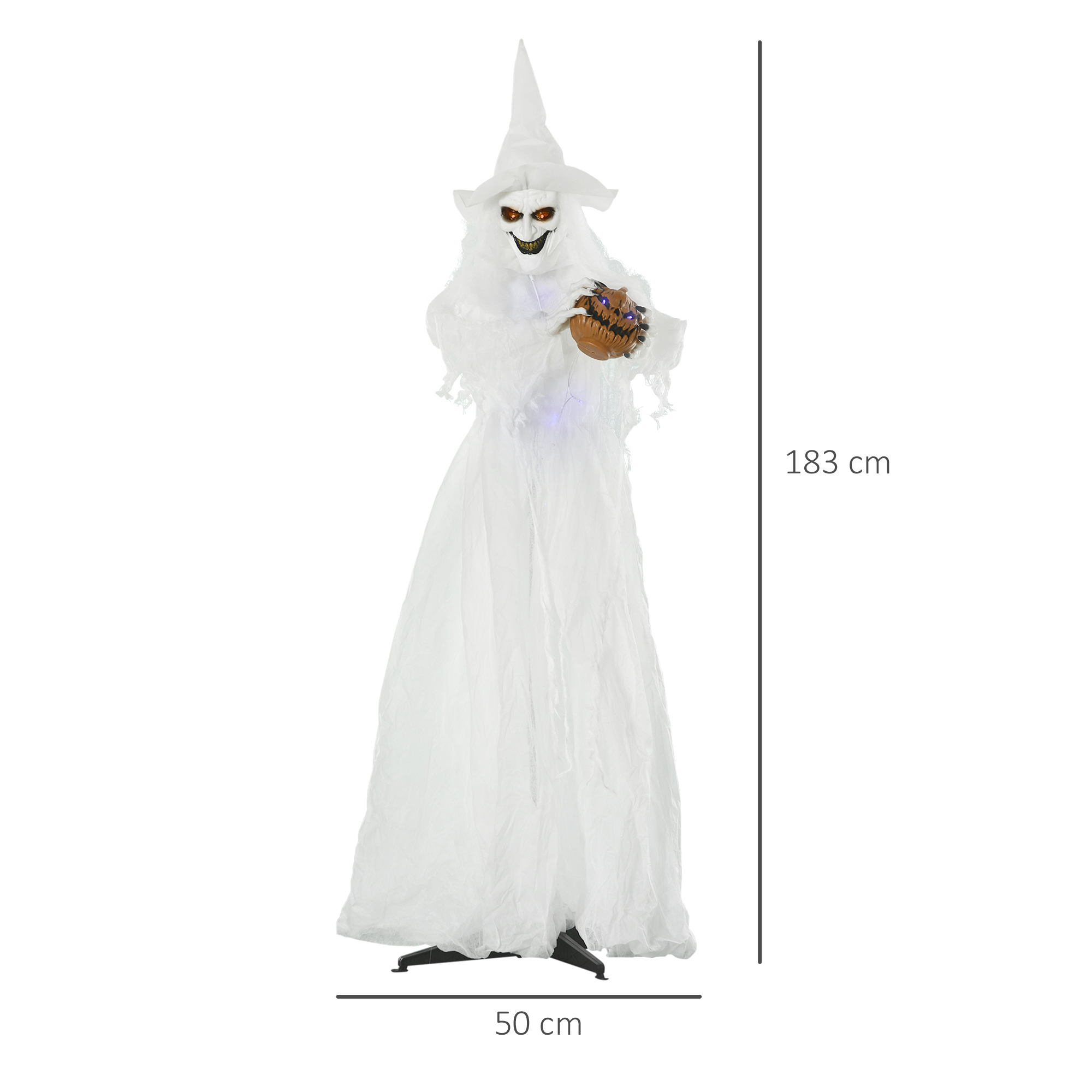 Outsunny 72 Inch Halloween Decorations White Witch Holding Pumpkin Head, Standing Skeleton Ghost Prop Life Size, Motion Activated Light Up Eyes Body