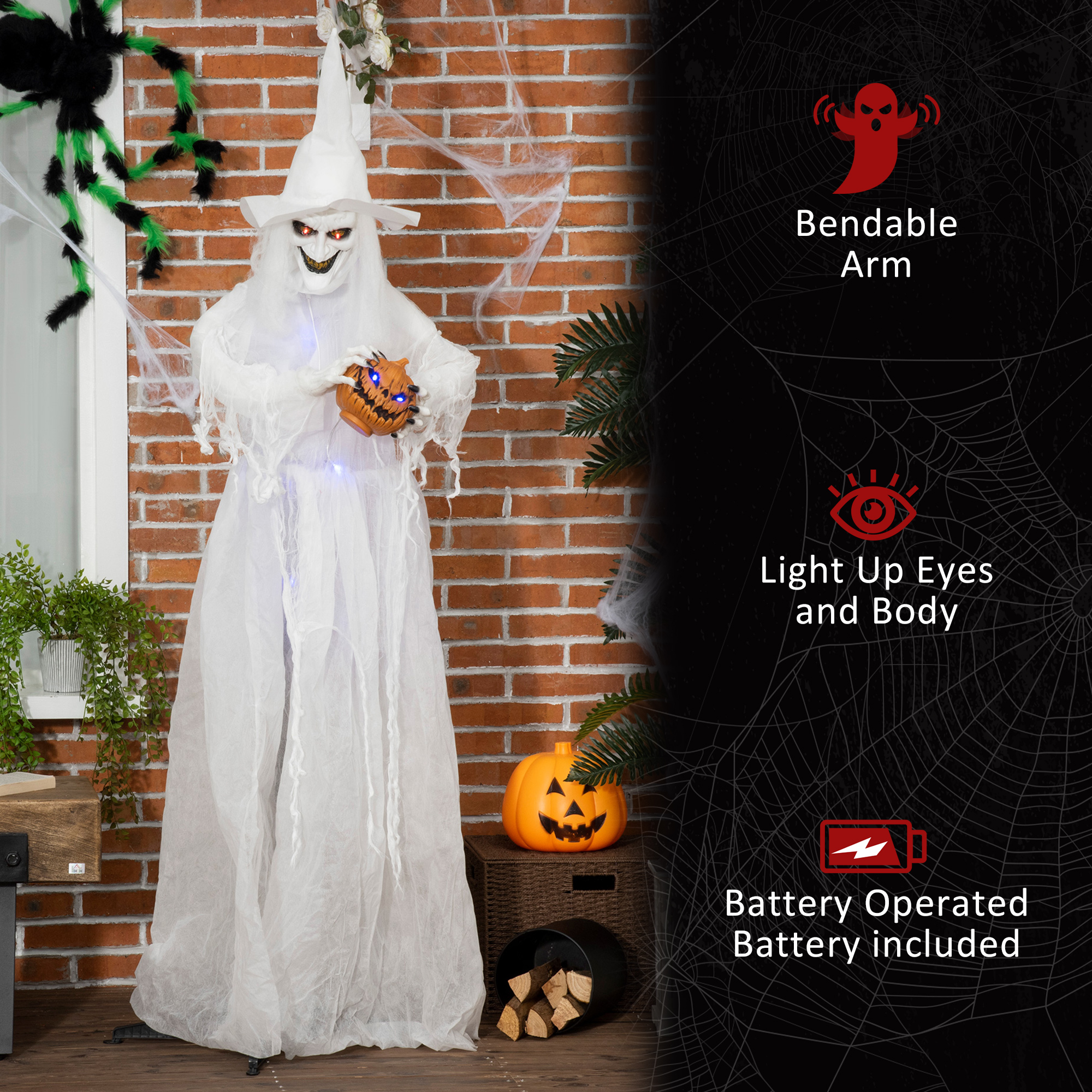 Outsunny 72 Inch Halloween Decorations White Witch Holding Pumpkin Head, Standing Skeleton Ghost Prop Life Size, Motion Activated Light Up Eyes Body