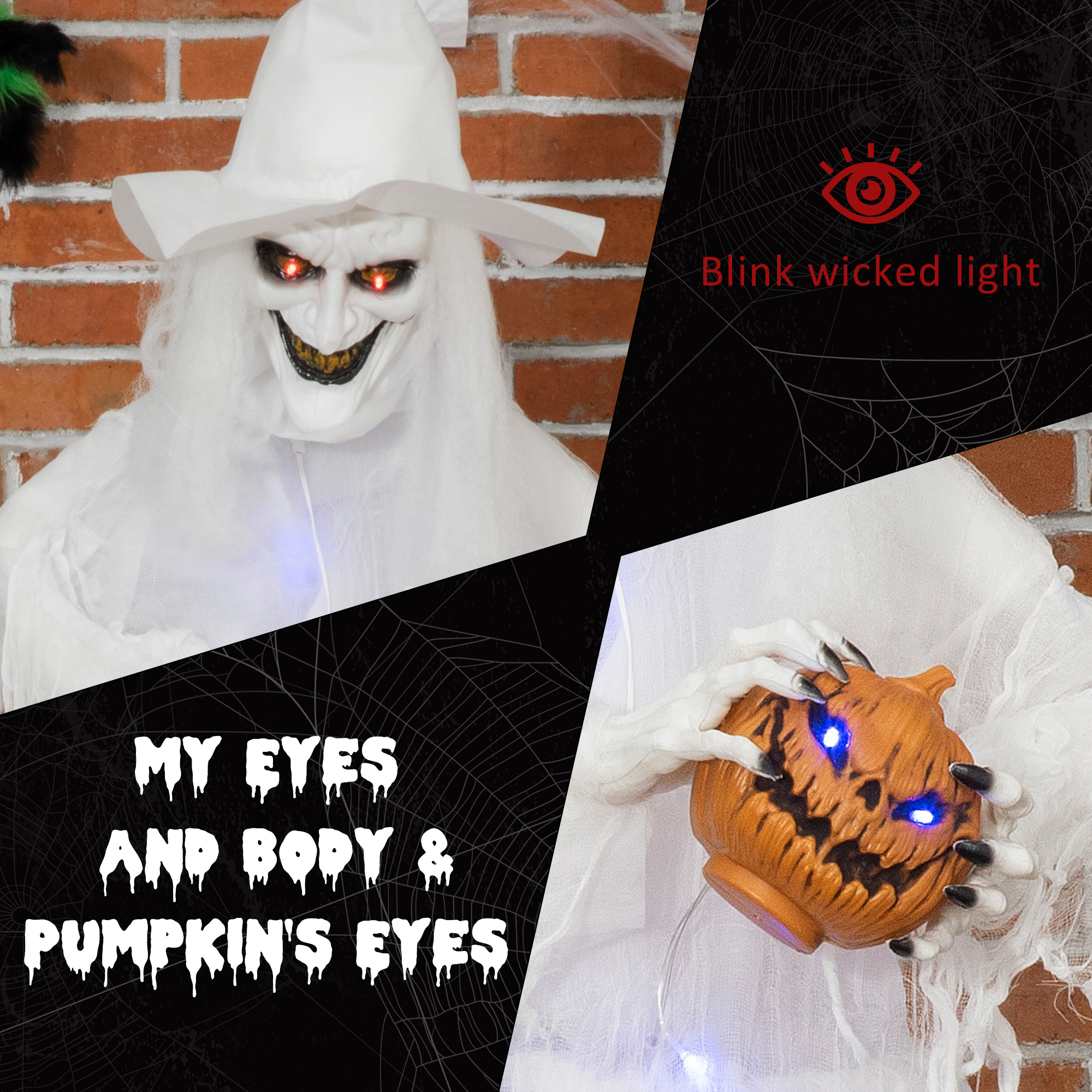 Outsunny 72 Inch Halloween Decorations White Witch Holding Pumpkin Head, Standing Skeleton Ghost Prop Life Size, Motion Activated Light Up Eyes Body