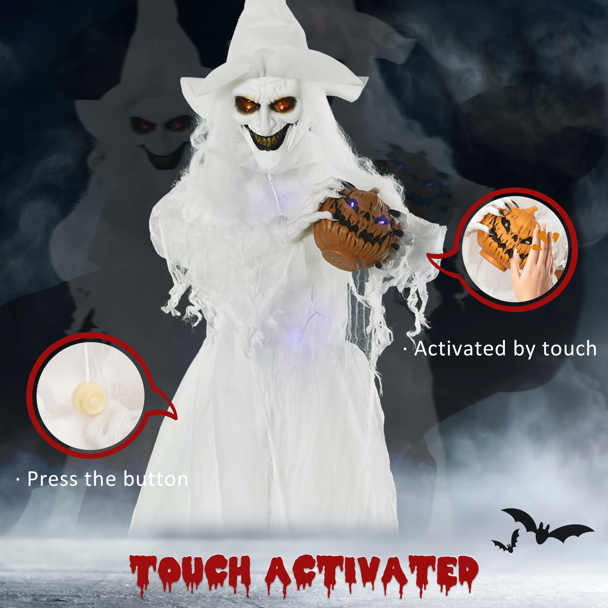 Outsunny 72 Inch Halloween Decorations White Witch Holding Pumpkin Head, Standing Skeleton Ghost Prop Life Size, Motion Activated Light Up Eyes Body