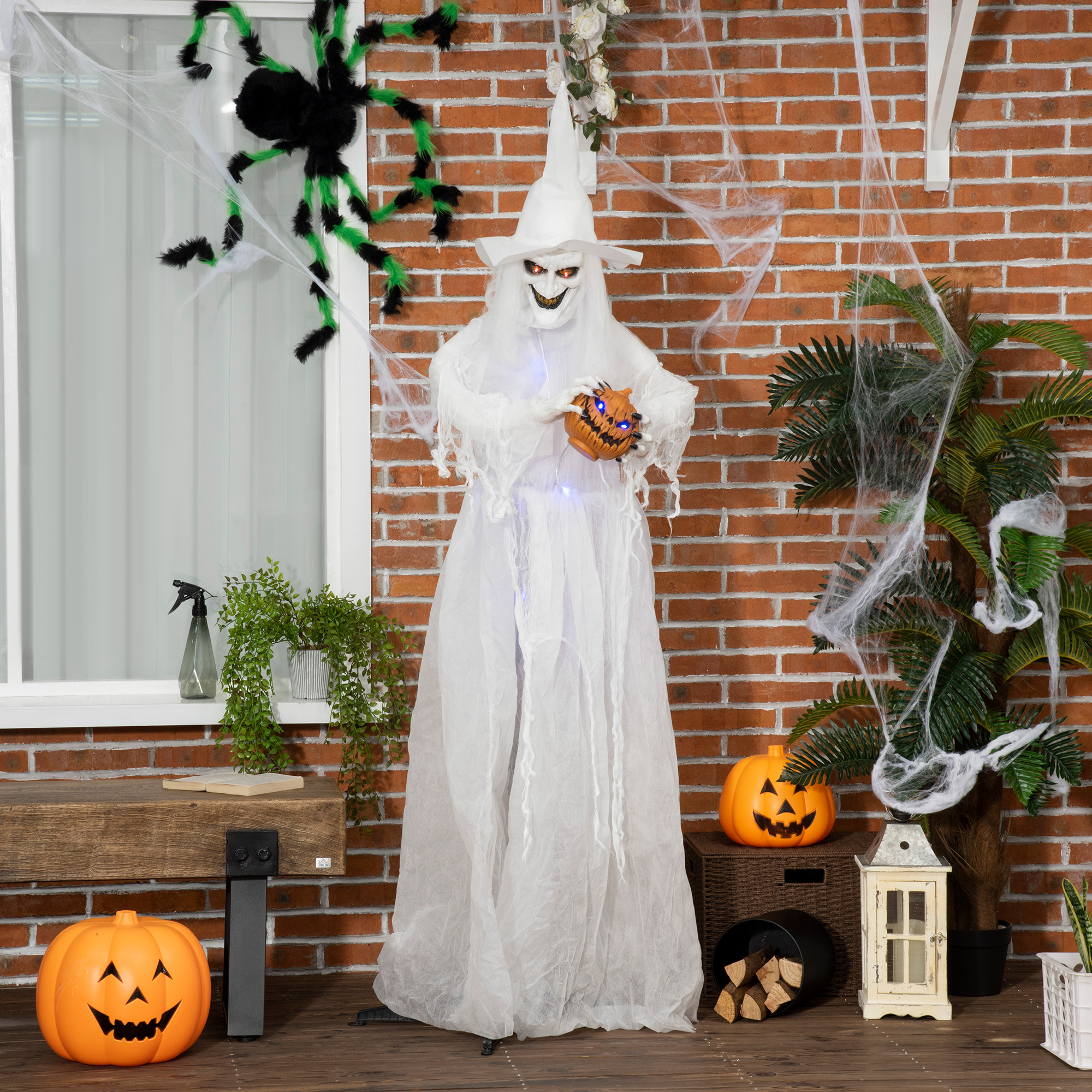 Outsunny 72 Inch Halloween Decorations White Witch Holding Pumpkin Head, Standing Skeleton Ghost Prop Life Size, Motion Activated Light Up Eyes Body