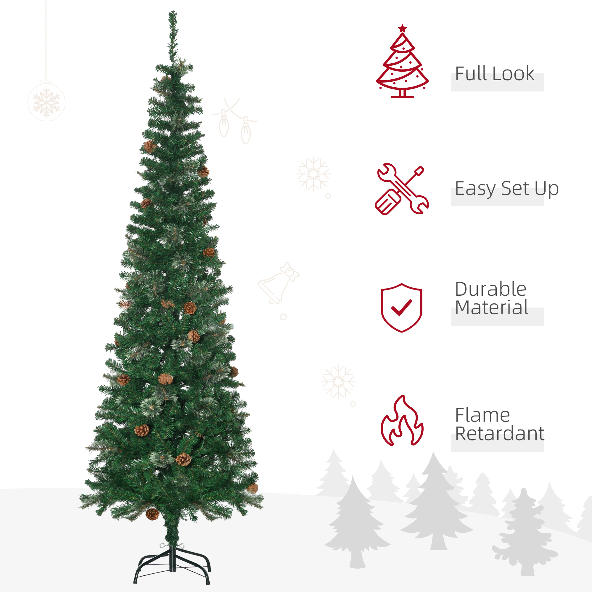 HOMCOM 6.5' Tall Slim Christmas Tree Artificial withÂ RealisticÂ Branches, 556 Tip Count and 27 Pine Cones, Xmas