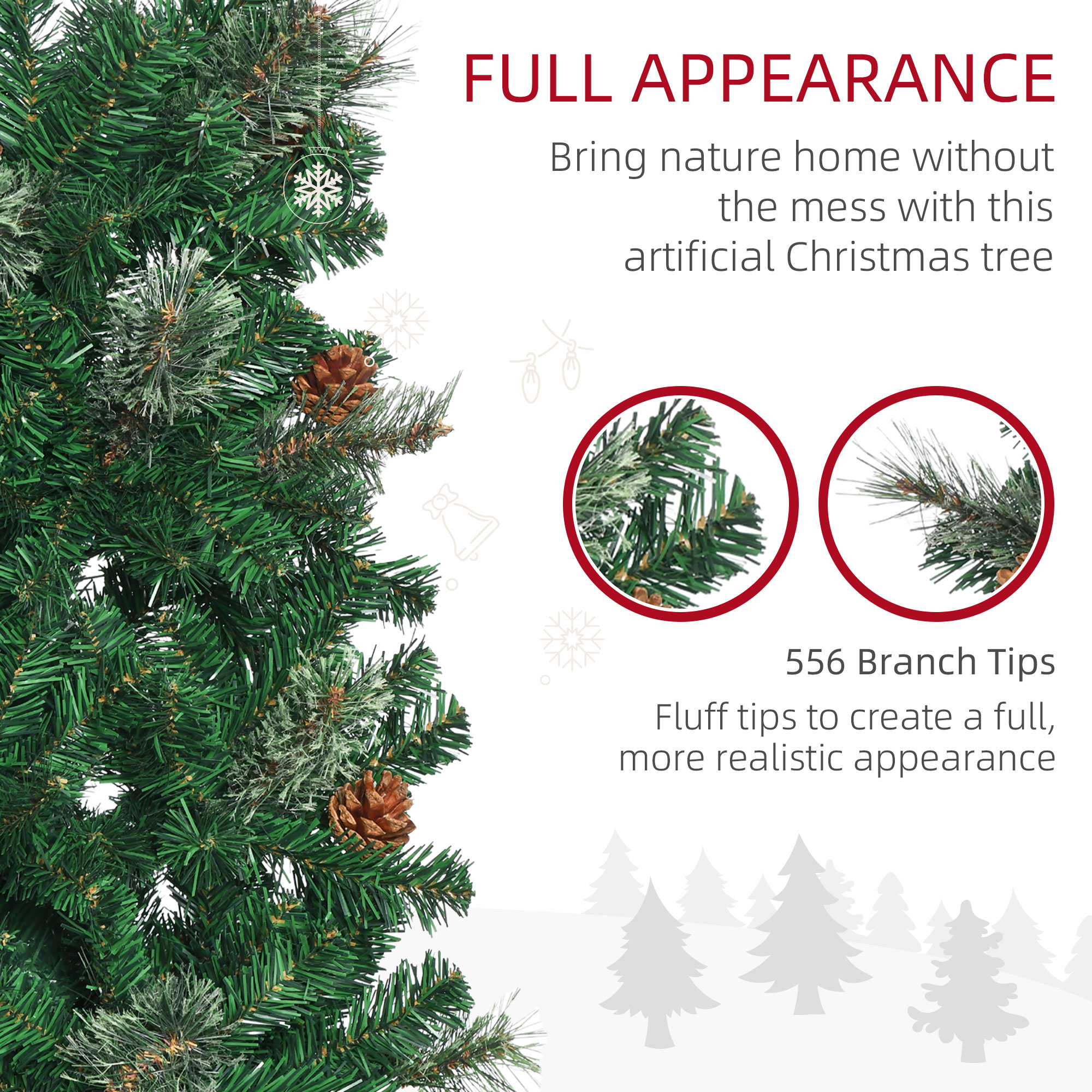 HOMCOM 6.5' Tall Slim Christmas Tree Artificial withÂ RealisticÂ Branches, 556 Tip Count and 27 Pine Cones, Xmas