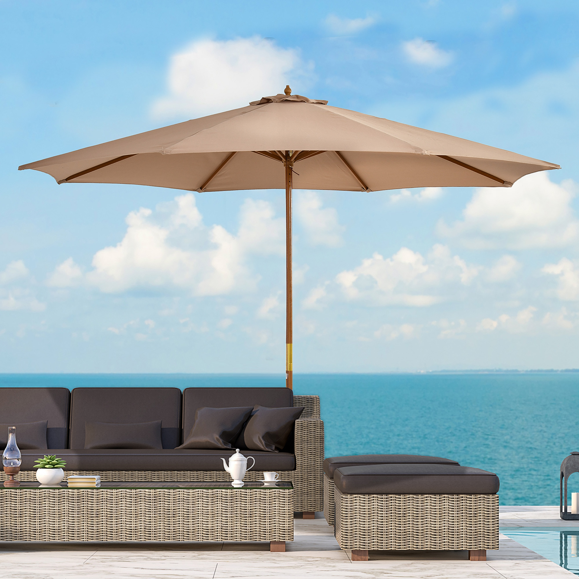 Outsunny Parasol ogrodowy z drewna 300 cm, Parasol na balkon z bambusa, Khaki