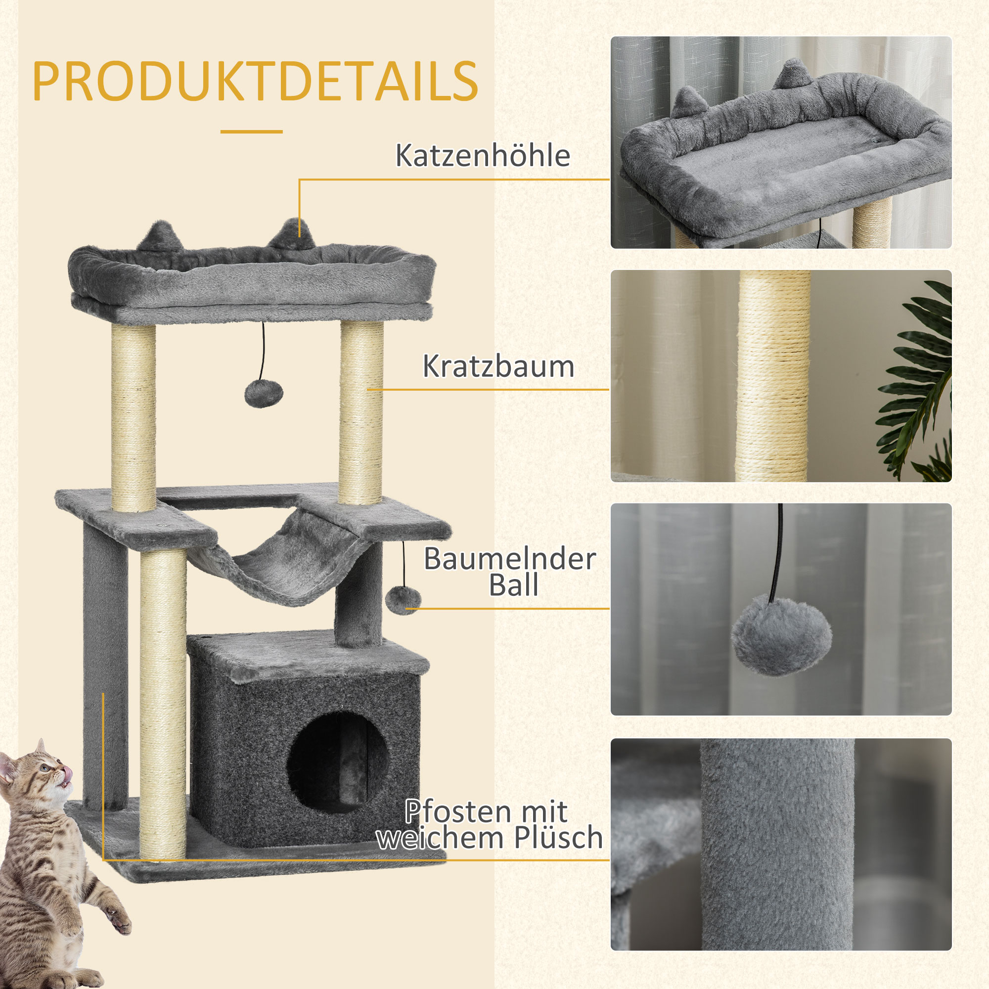 PawHut krabpaal met loopwiel kattenkrat klimboom voor katten met kat bal speelgoed sisal pluche