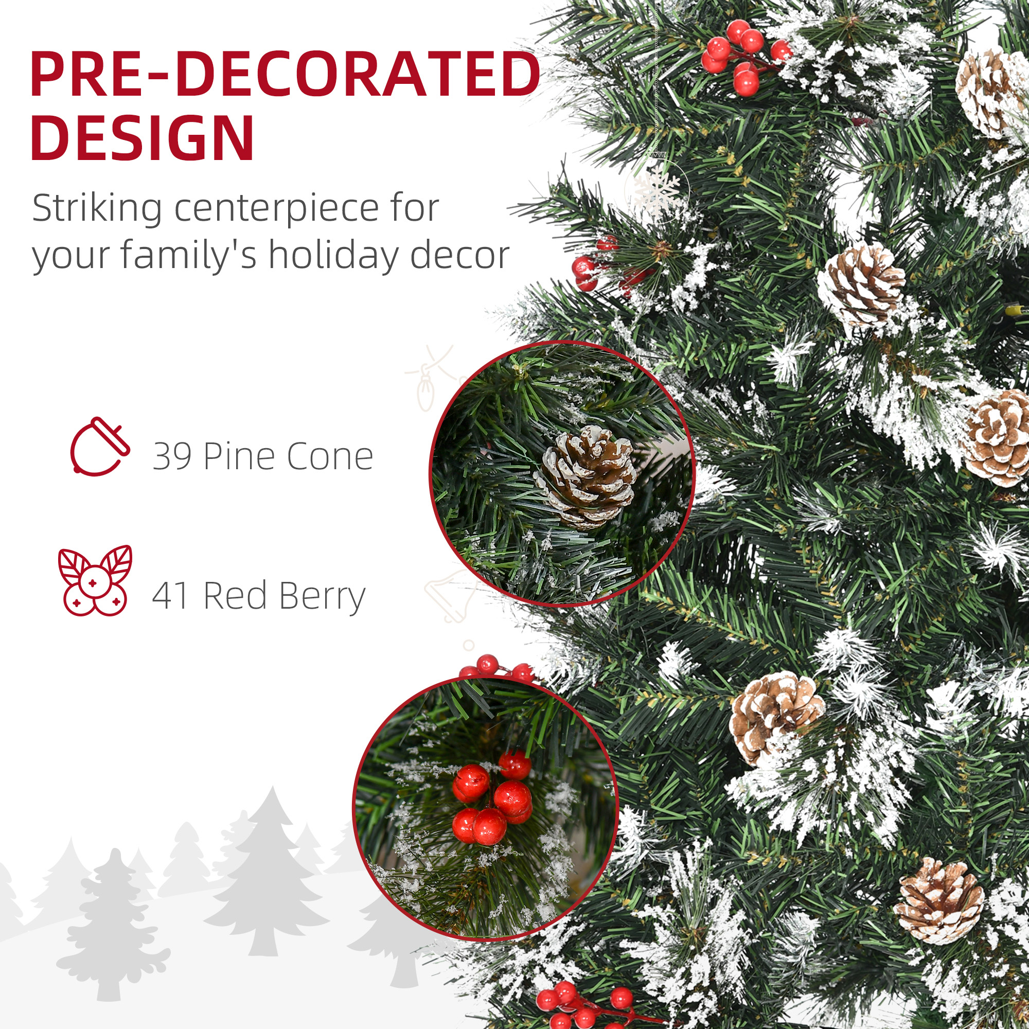 HOMCOM 7 Foot Snow Dipped Artificial Christmas Tree Slim Pencil Xmas Tree with 738 Realistic Branches, Pine Cones, Red Berries, Auto Open, Green