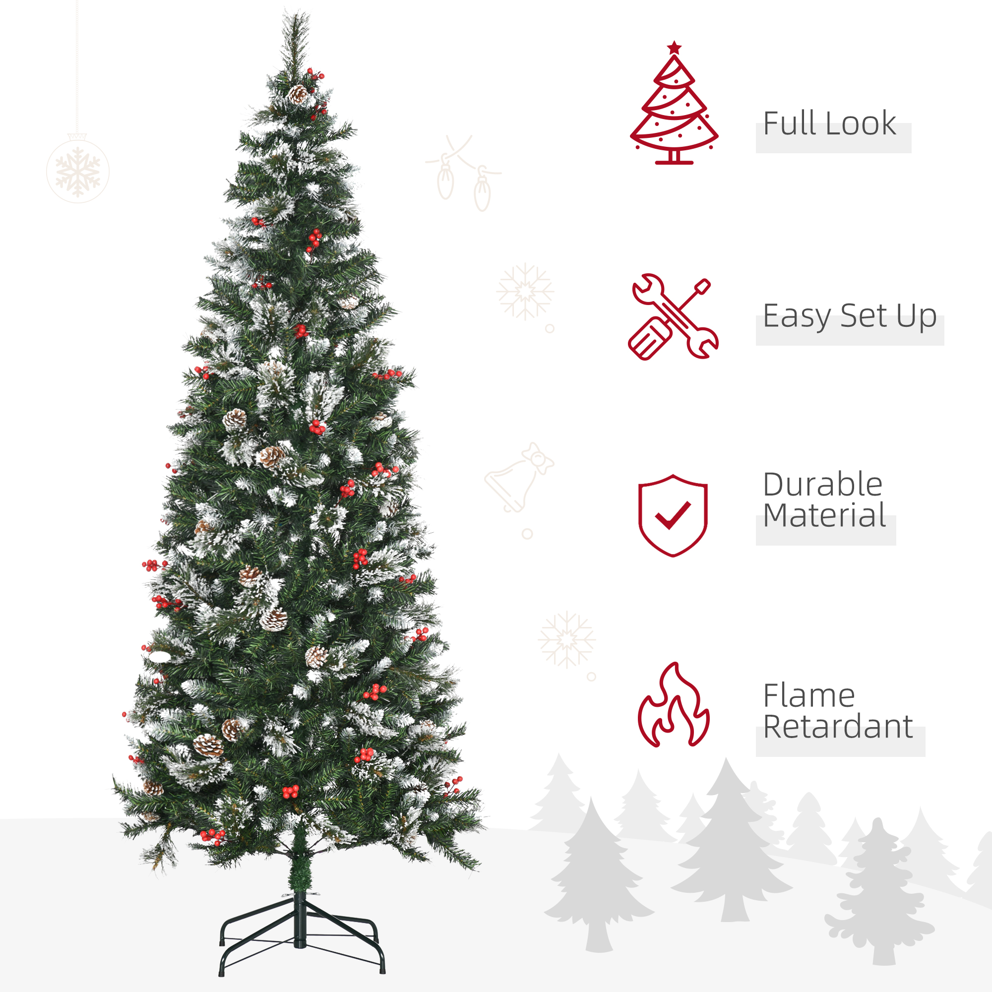 HOMCOM 7 Foot Snow Dipped Artificial Christmas Tree Slim Pencil Xmas Tree with 738 Realistic Branches, Pine Cones, Red Berries, Auto Open, Green