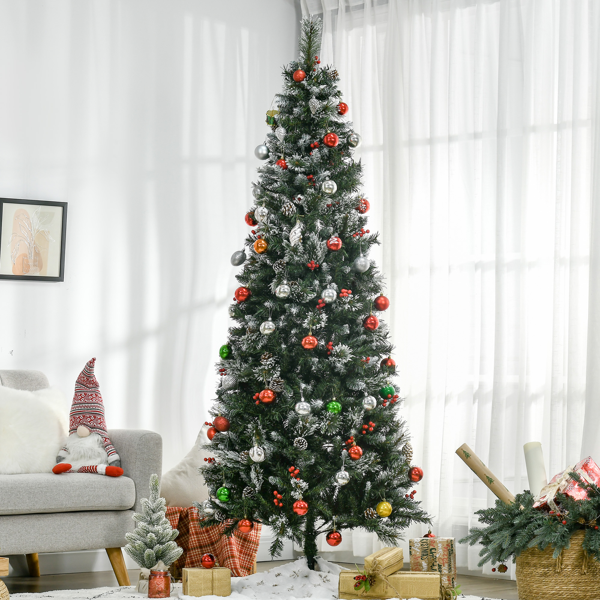 HOMCOM 7 Foot Snow Dipped Artificial Christmas Tree Slim Pencil Xmas Tree with 738 Realistic Branches, Pine Cones, Red Berries, Auto Open, Green