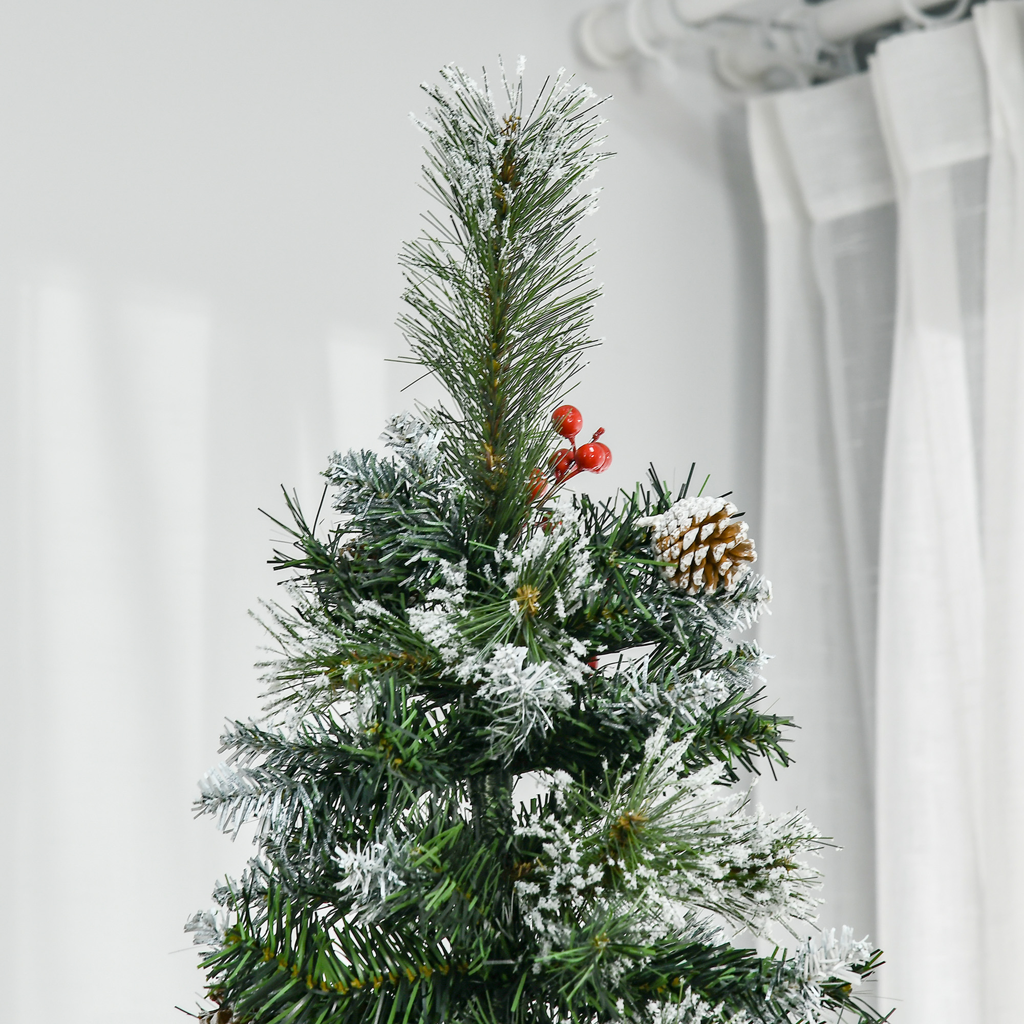HOMCOM 7 Foot Snow Dipped Artificial Christmas Tree Slim Pencil Xmas Tree with 738 Realistic Branches, Pine Cones, Red Berries, Auto Open, Green