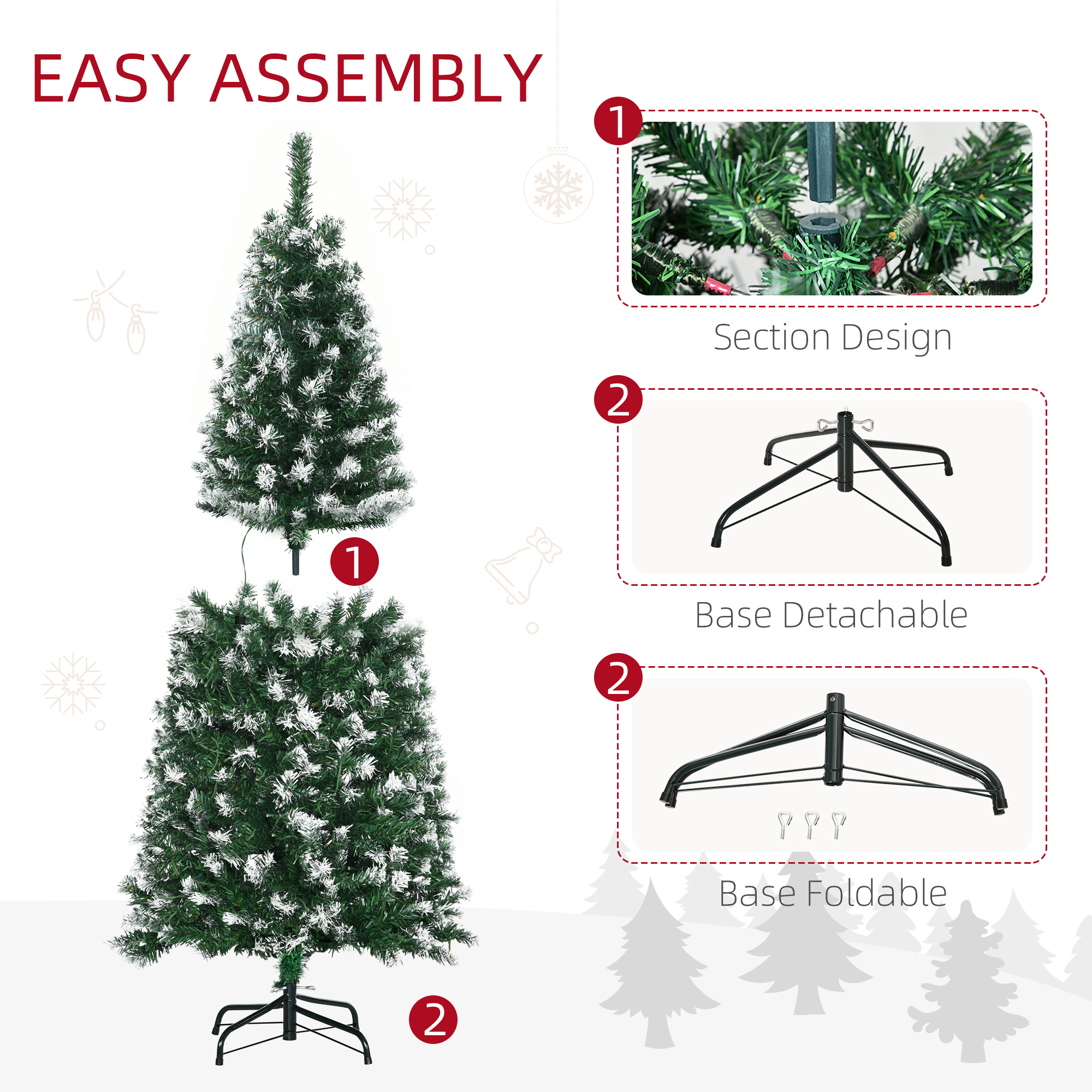 HOMCOM 5' Tall Prelit Pencil Slim Artificial Christmas Tree with Realistic Branches, 250 Colourful LED Lights and 408 Tips, Xmas Decoration, Green