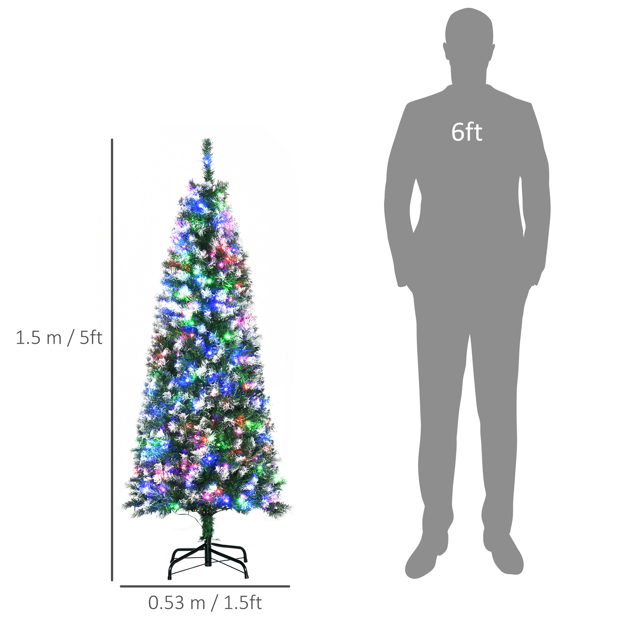 HOMCOM 5' Tall Prelit Pencil Slim Artificial Christmas Tree with Realistic Branches, 250 Colourful LED Lights and 408 Tips, Xmas Decoration, Green