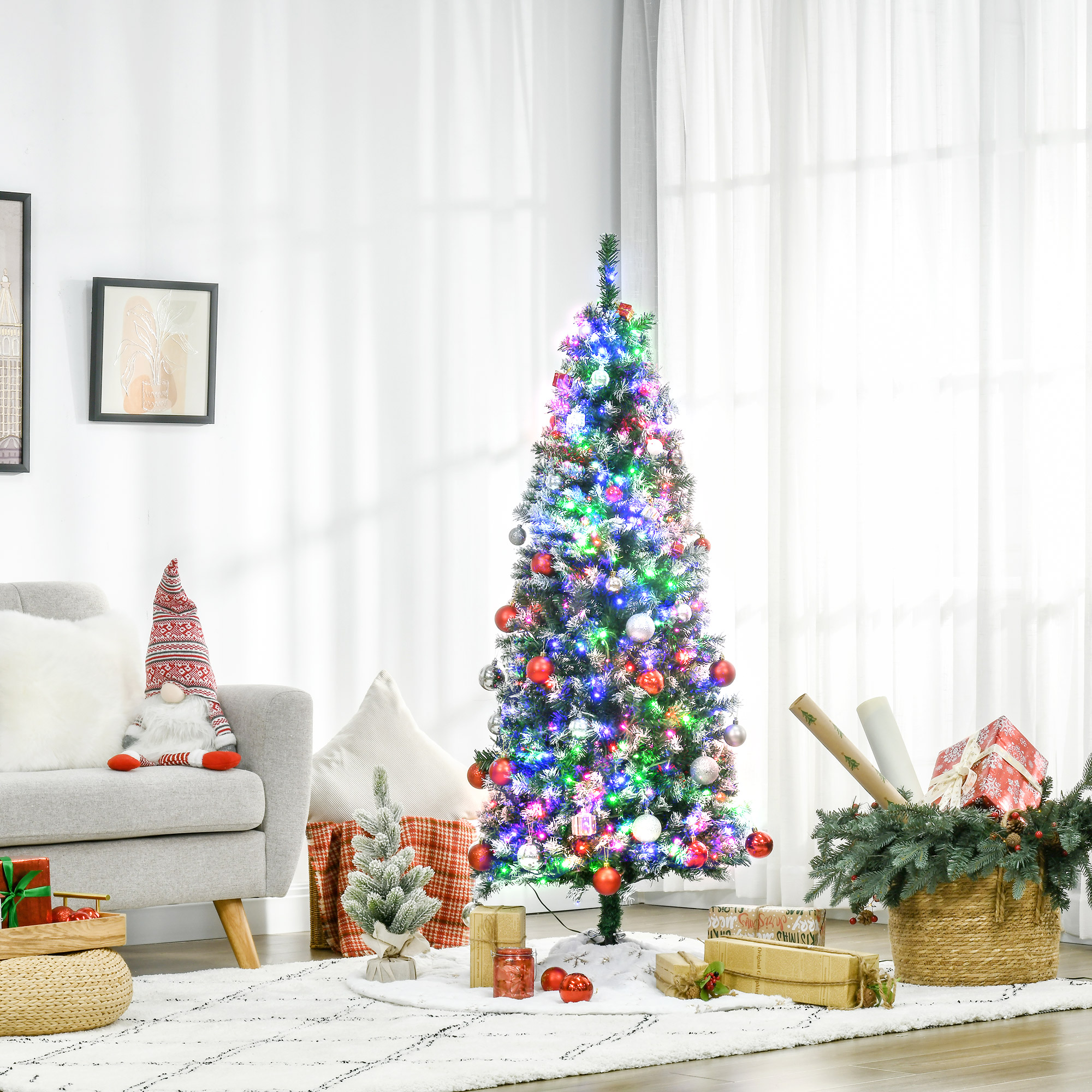HOMCOM 5' Tall Prelit Pencil Slim Artificial Christmas Tree with Realistic Branches, 250 Colourful LED Lights and 408 Tips, Xmas Decoration, Green