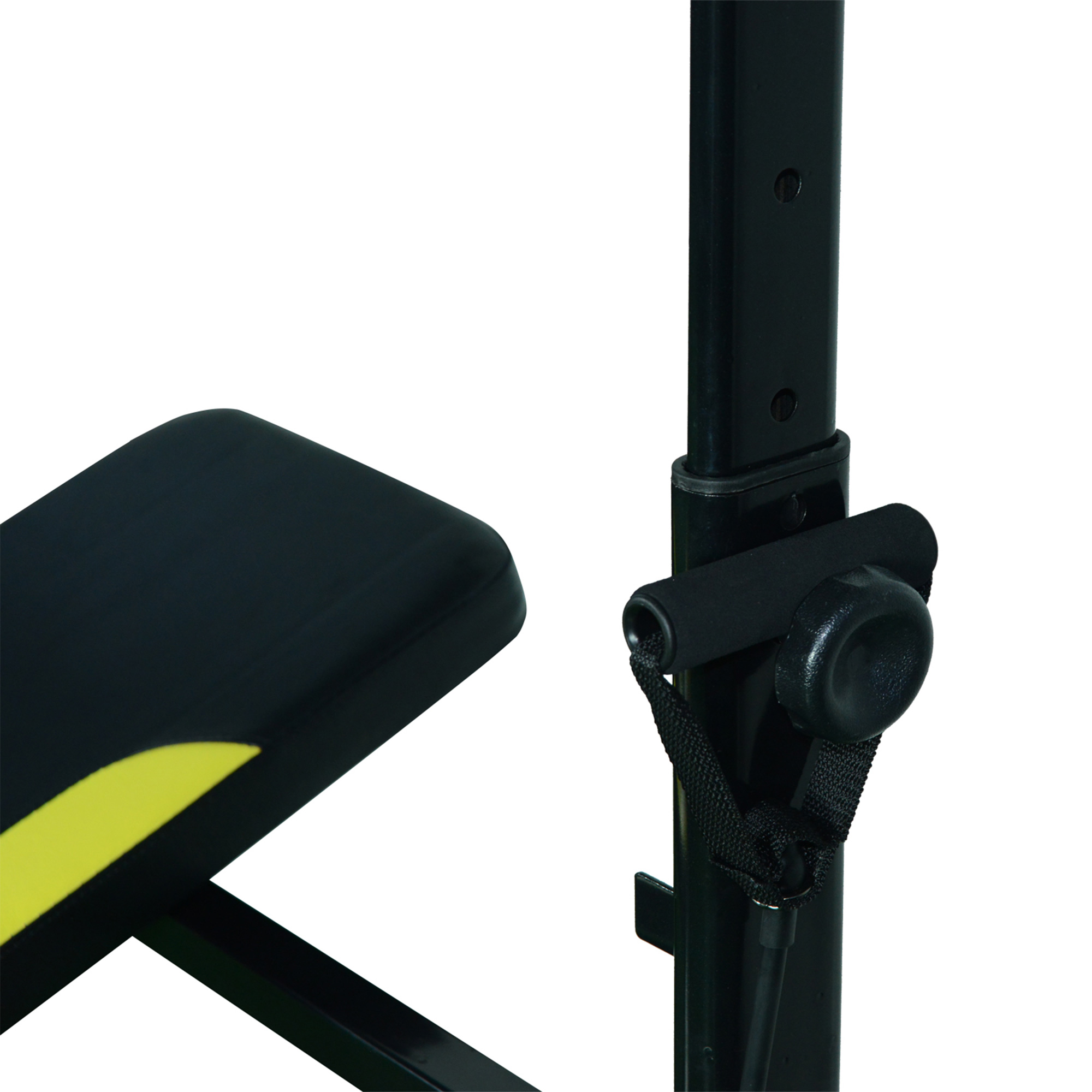Banc de musculation Fitness entrainement complet dossier réglable cordes  traction curler supports barre et haltères noir et jaune