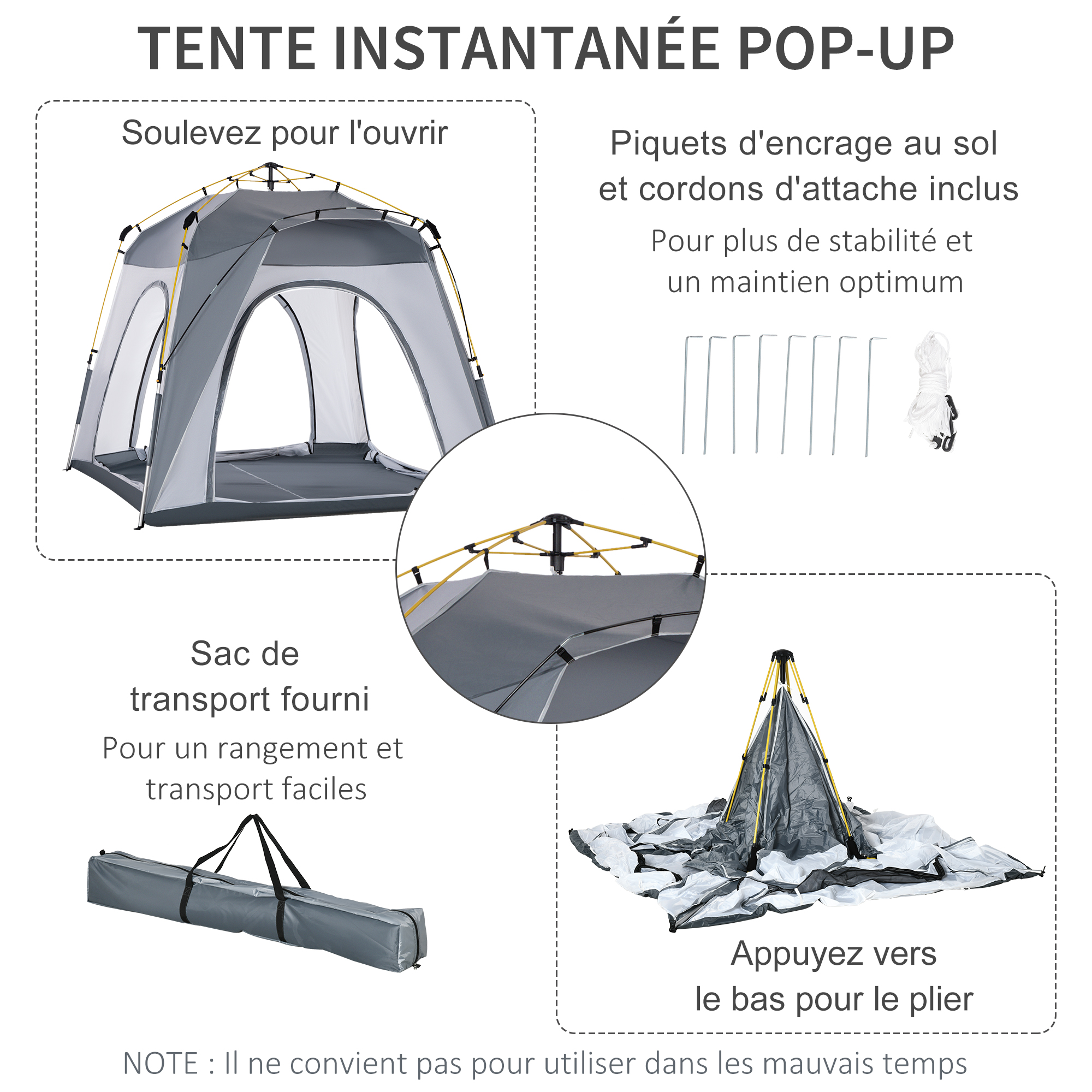 Outsunny Tente de camping familiale 4 personnes montage instantanée pop-up  4 fenêtres pare-soleil dim. 2,4L x 2,4l x 1,95H m fibre verre polyester  blanc gris