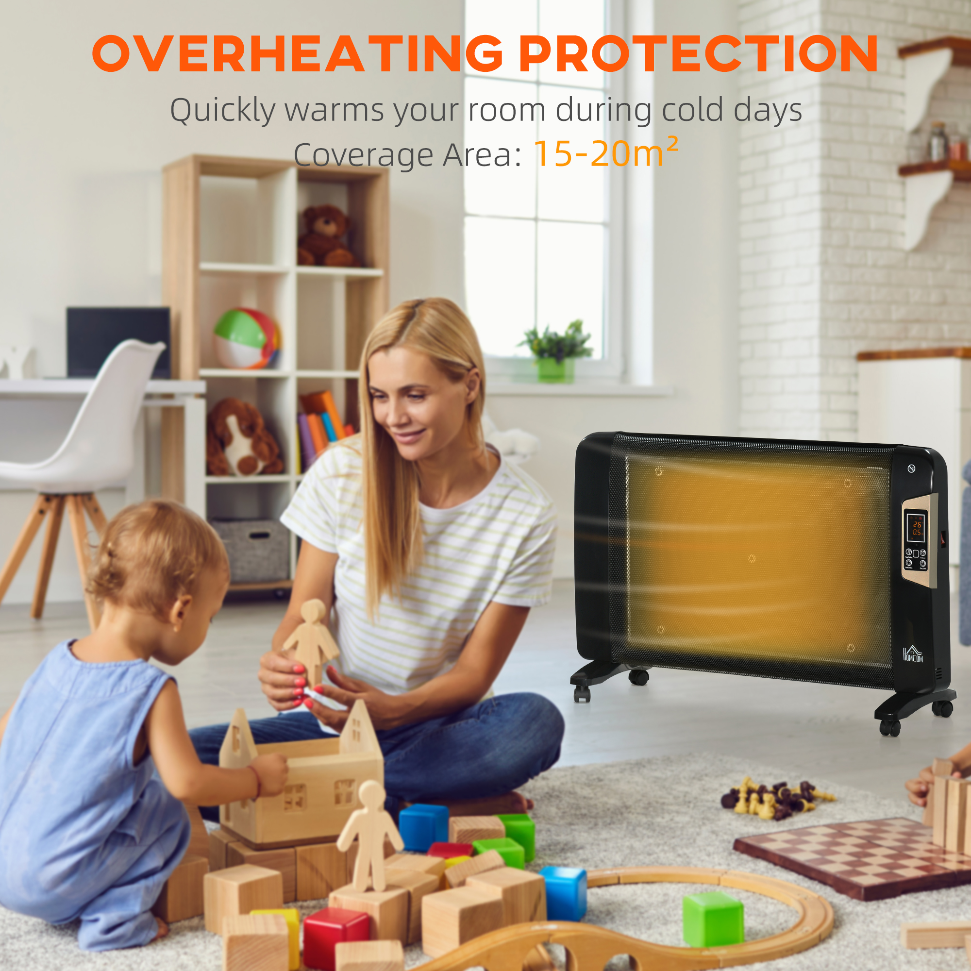 HOMCOM Mica Electric Space Heater, Portable Heater for Home with 2 Heat Settings, living room, study, garage, Adjustable Temperature 15-40Â°C, Black