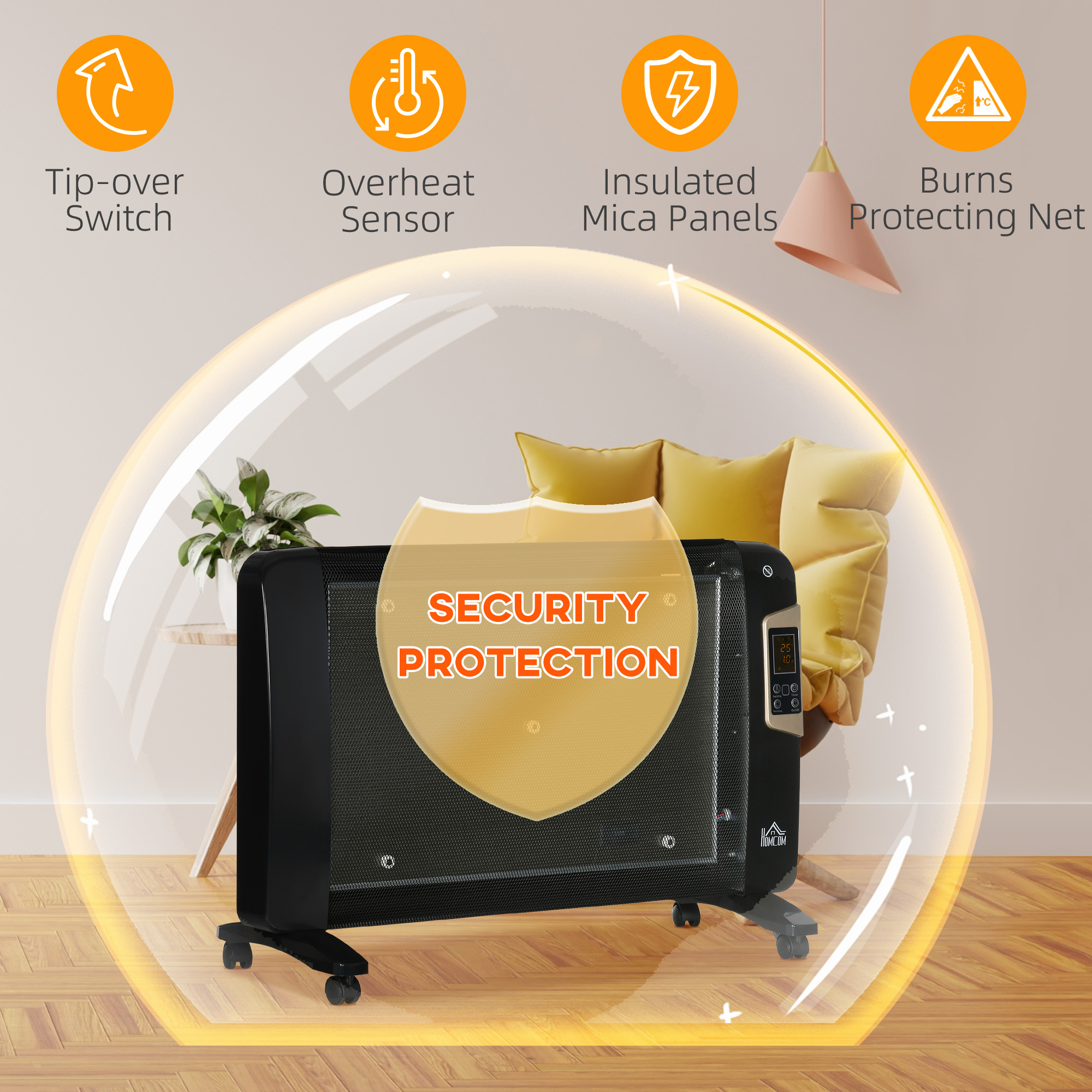 HOMCOM Mica Electric Space Heater, Portable Heater for Home with 2 Heat Settings, living room, study, garage, Adjustable Temperature 15-40Â°C, Black
