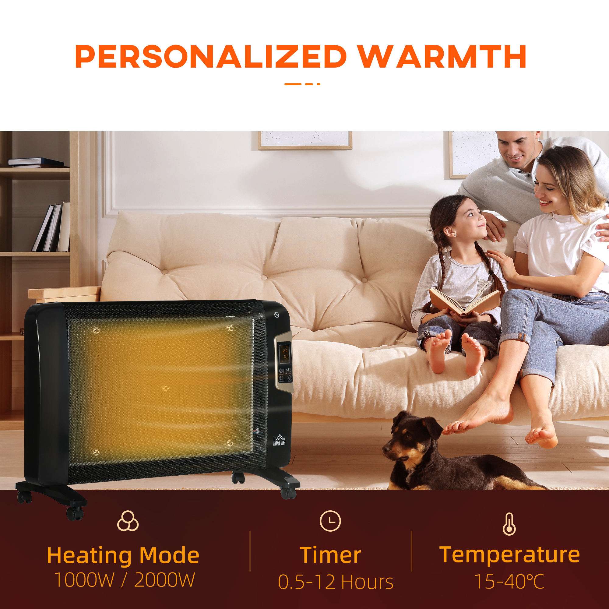 HOMCOM Mica Electric Space Heater, Portable Heater for Home with 2 Heat Settings, living room, study, garage, Adjustable Temperature 15-40Â°C, Black