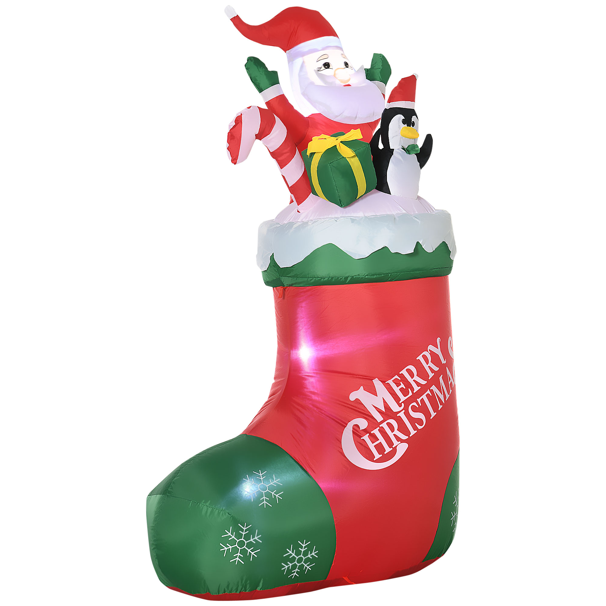Outsunny Babbo Natale Gonfiabile con Pinguino e Calza Natalizia, Luci LED e Gonfiatore Incluso, 90x50x149cm Aosom