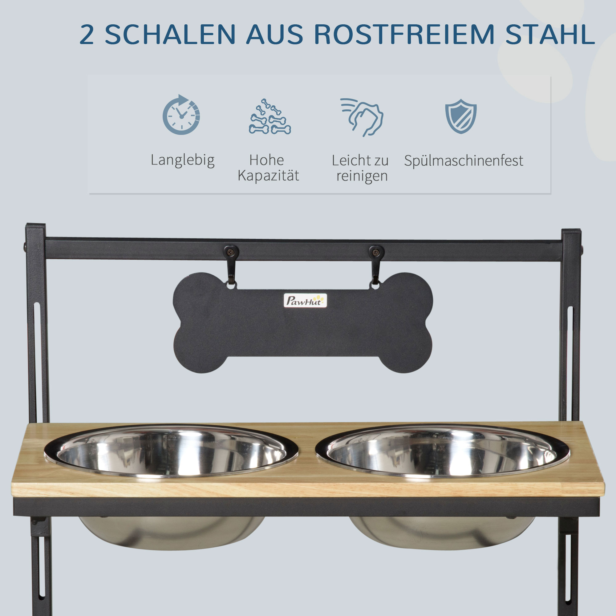 PawHut Erhöhter Hundenapf, Futternapf mit erhöhtem Rand, 2 x 2L abnehmbare Hundenapf aus Edelstahl, Fressnapf für sehr grpße Hunde, Futterstation, Weiß