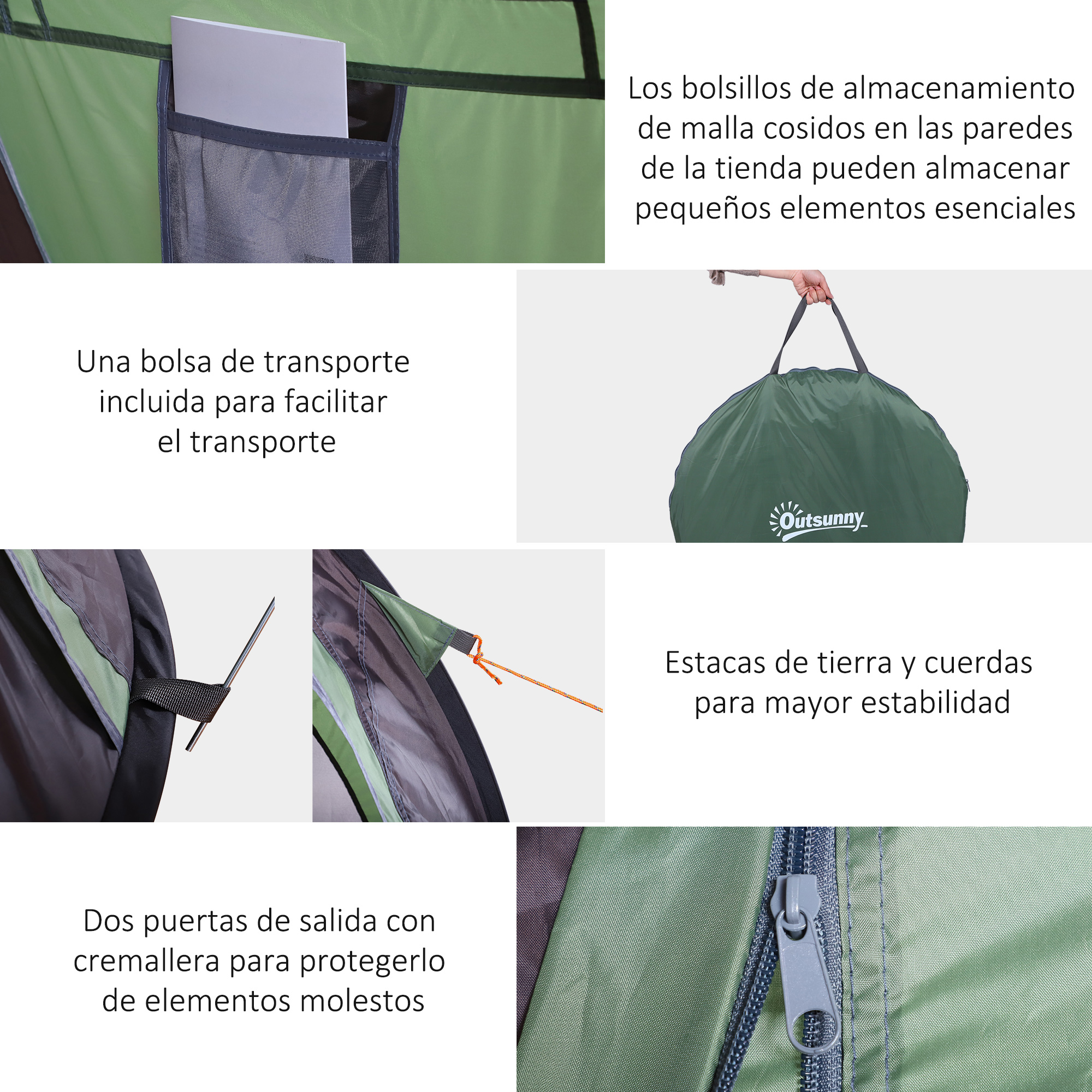 Outsunny Tienda de Campaña para 2 Personas Impermeable Tienda de Dormir con  Bolsa de Almacenaje Portátil Ligero con Mosquitero 250x150x100cm Verde