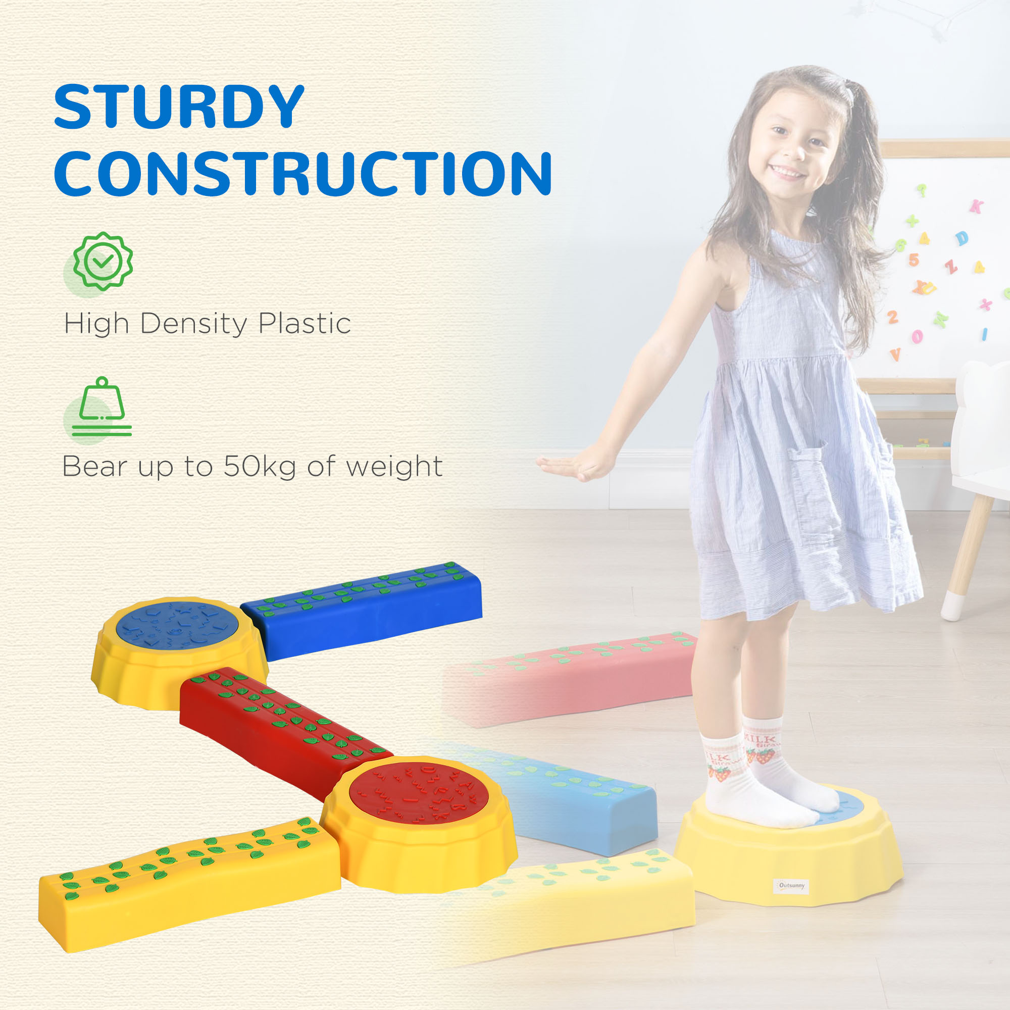 Outsunny Balance Beam for Kids, Non-slip & Stackable Coordination Training Stepping Stones, Blue, for Strength & Coordination